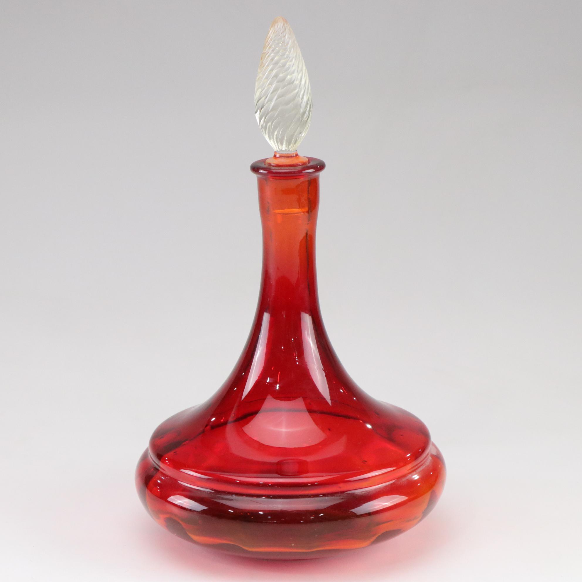 Blenko Style Amberina Red Hand Blown Glass Decanter, Mid Century Modern