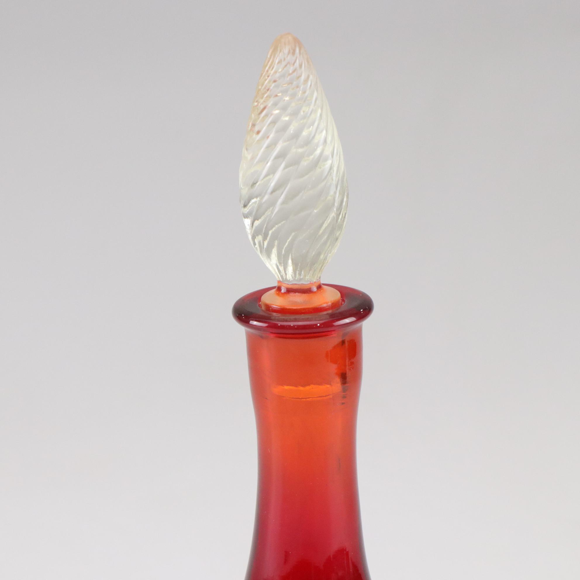 Blenko Style Amberina Red Hand Blown Glass Decanter, Mid Century Modern