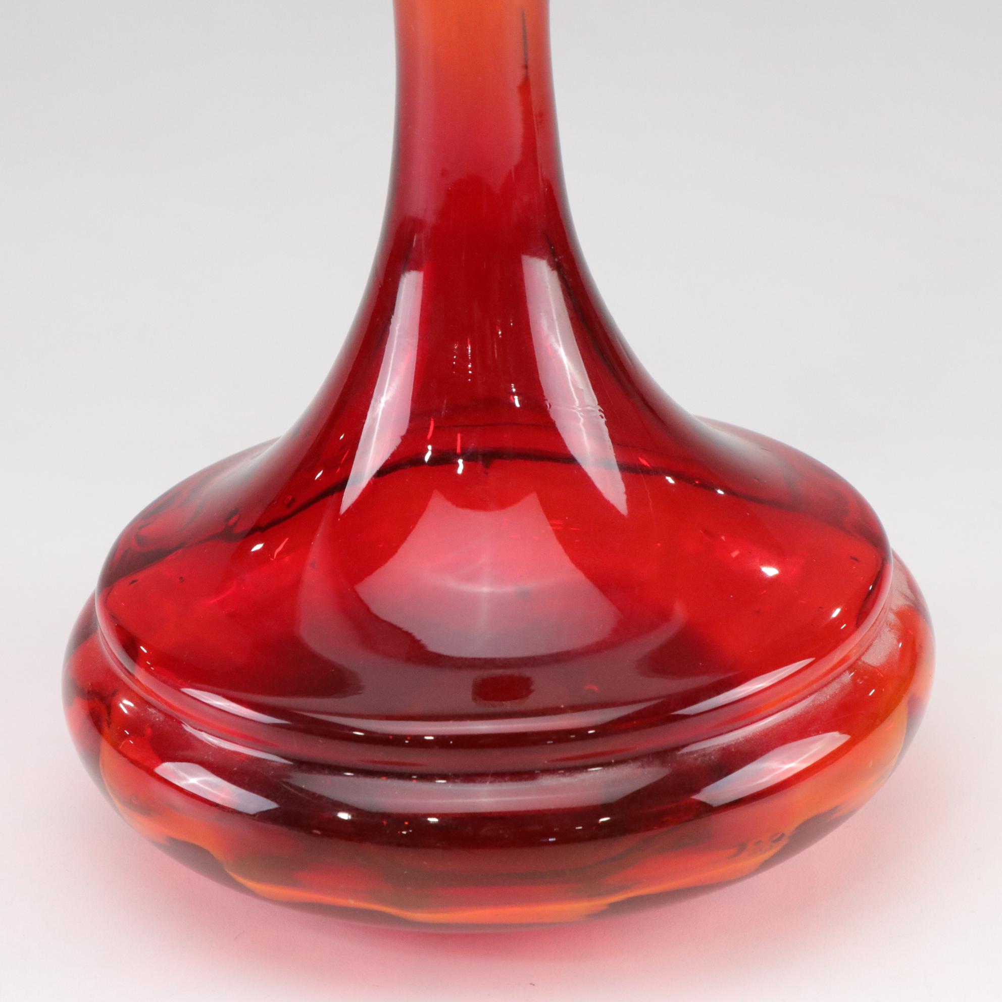 Blenko Style Amberina Red Hand Blown Glass Decanter, Mid Century Modern
