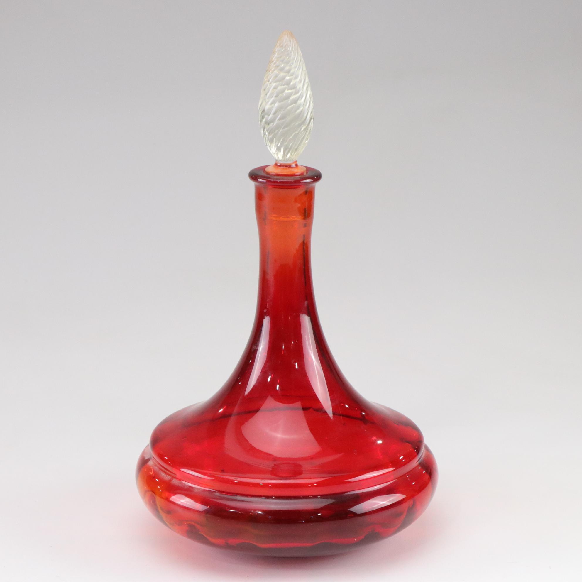 Blenko Style Amberina Red Hand Blown Glass Decanter, Mid Century Modern