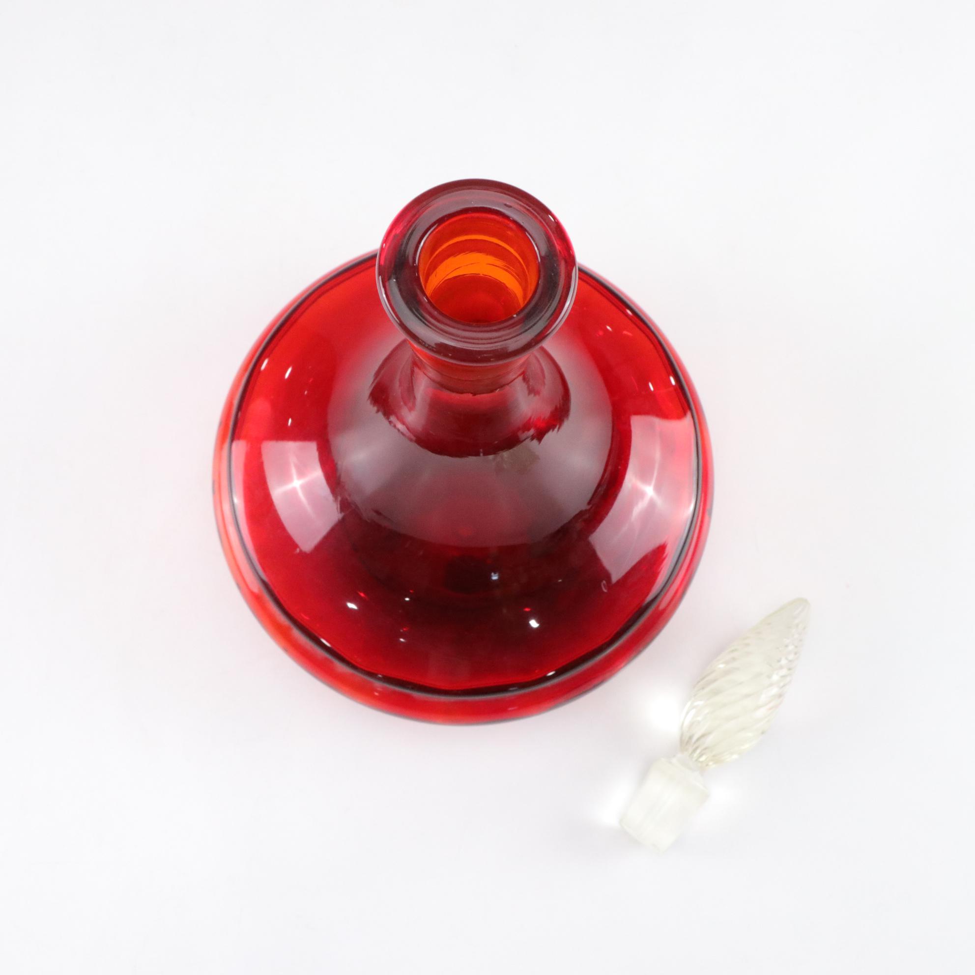 Blenko Style Amberina Red Hand Blown Glass Decanter, Mid Century Modern