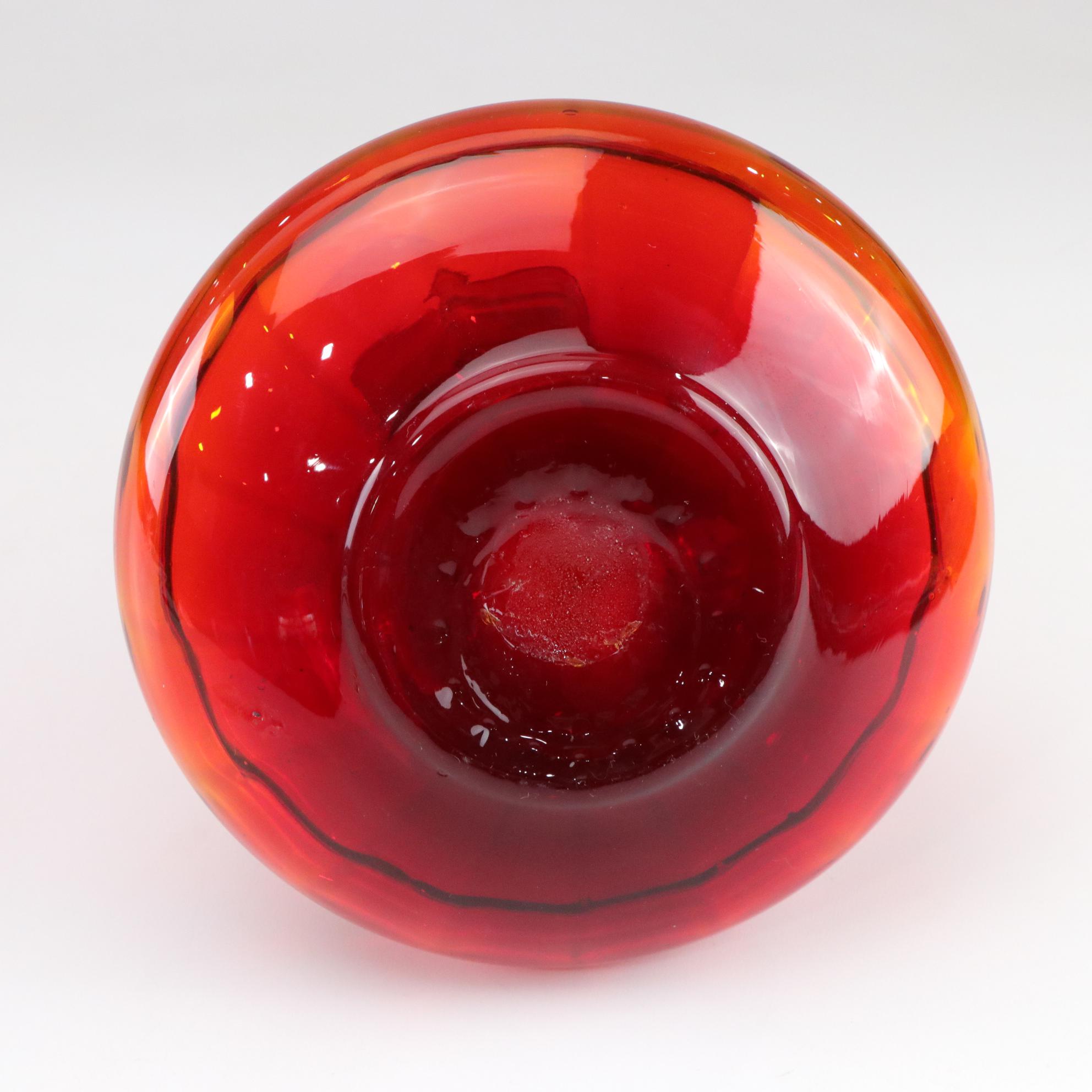 Blenko Style Amberina Red Hand Blown Glass Decanter, Mid Century Modern
