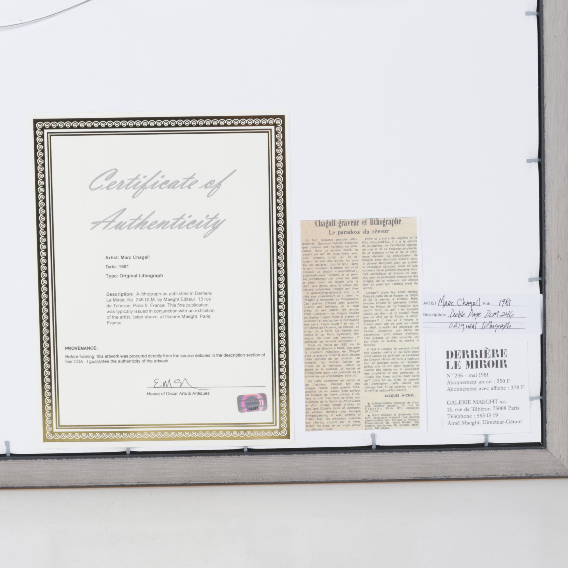 Marc Chagall Double-Page Lithograph for "Derrière le Miroir," 1981