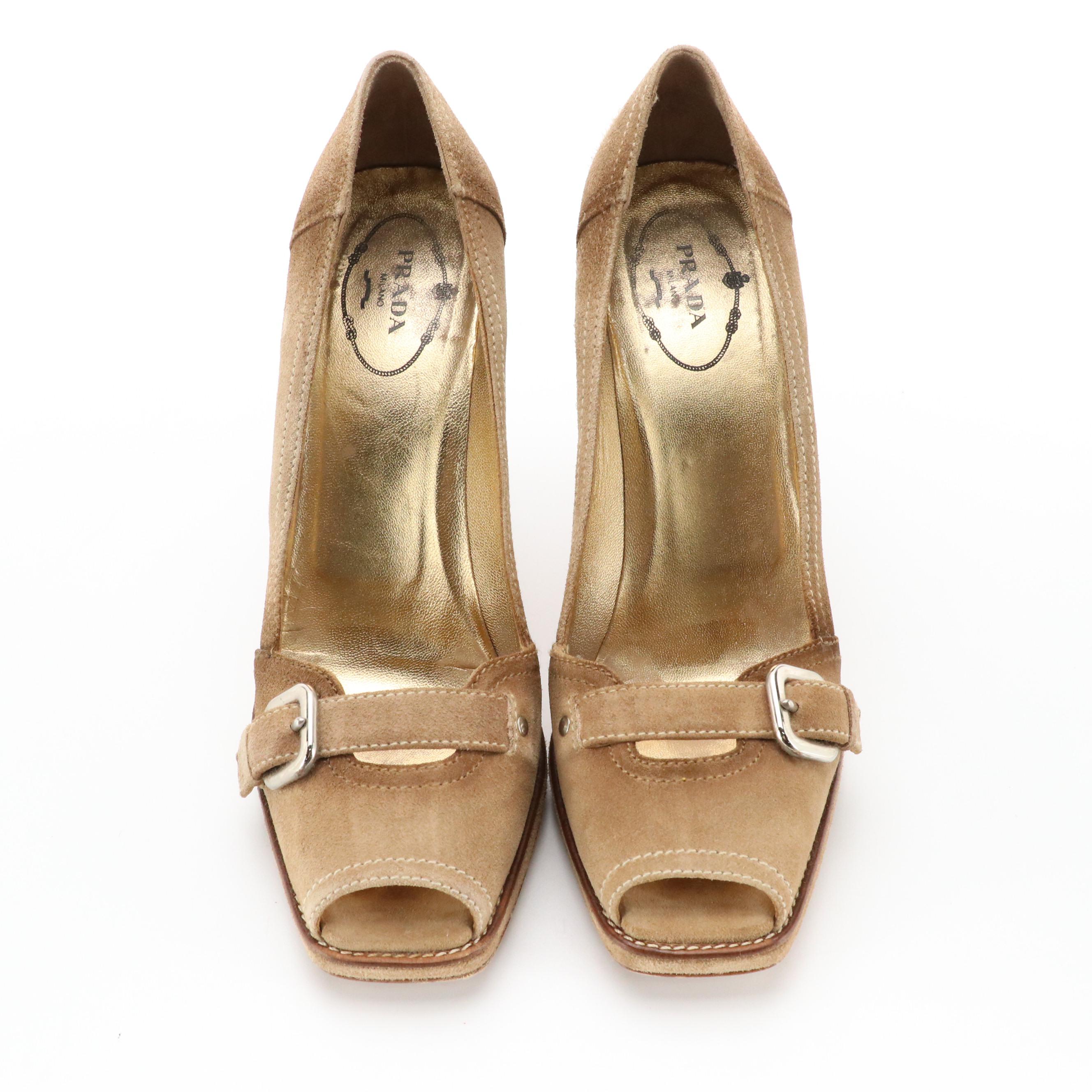 Prada "Deserto" Vintage-Washed Suede Peep-Toe Pumps in Box
