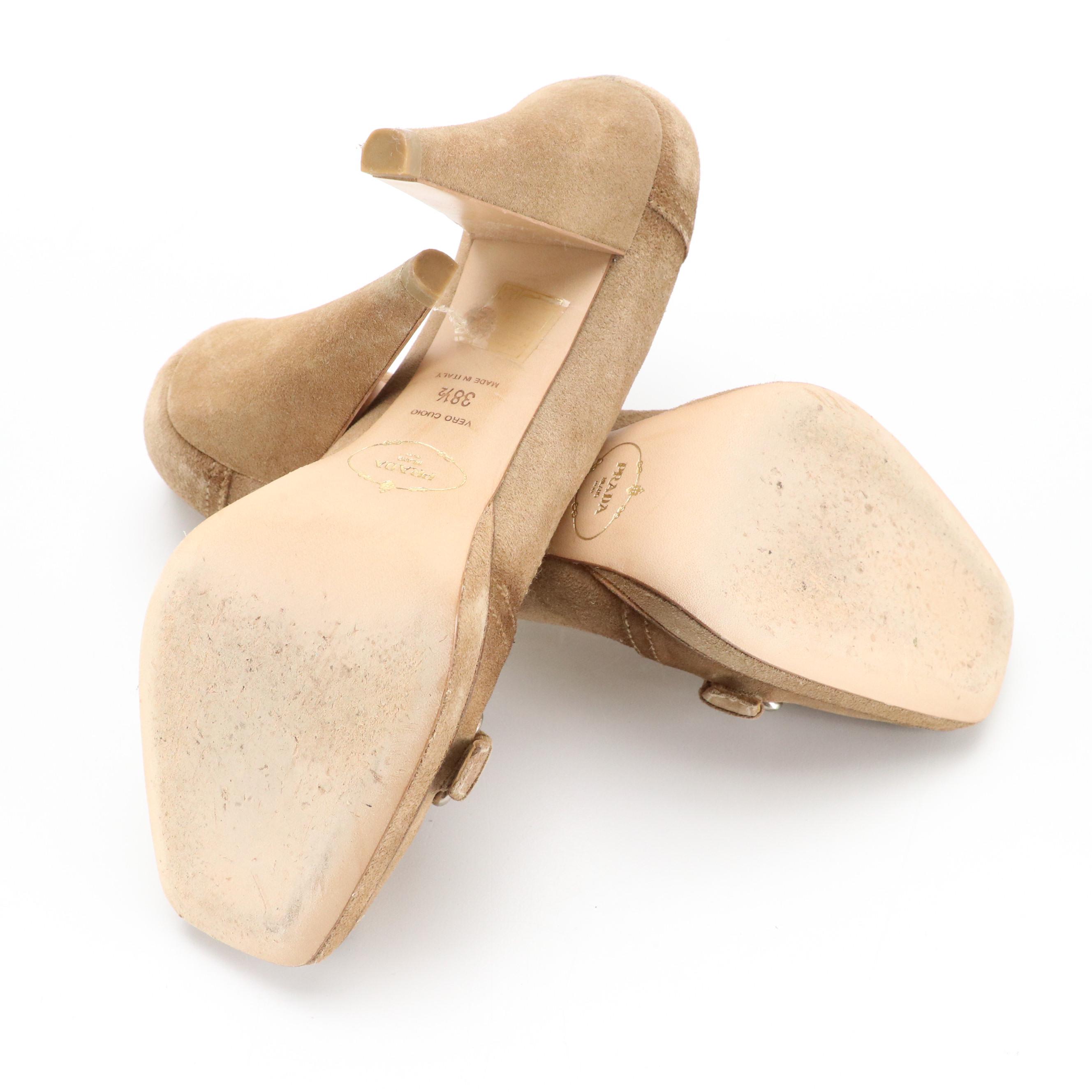 Prada "Deserto" Vintage-Washed Suede Peep-Toe Pumps in Box