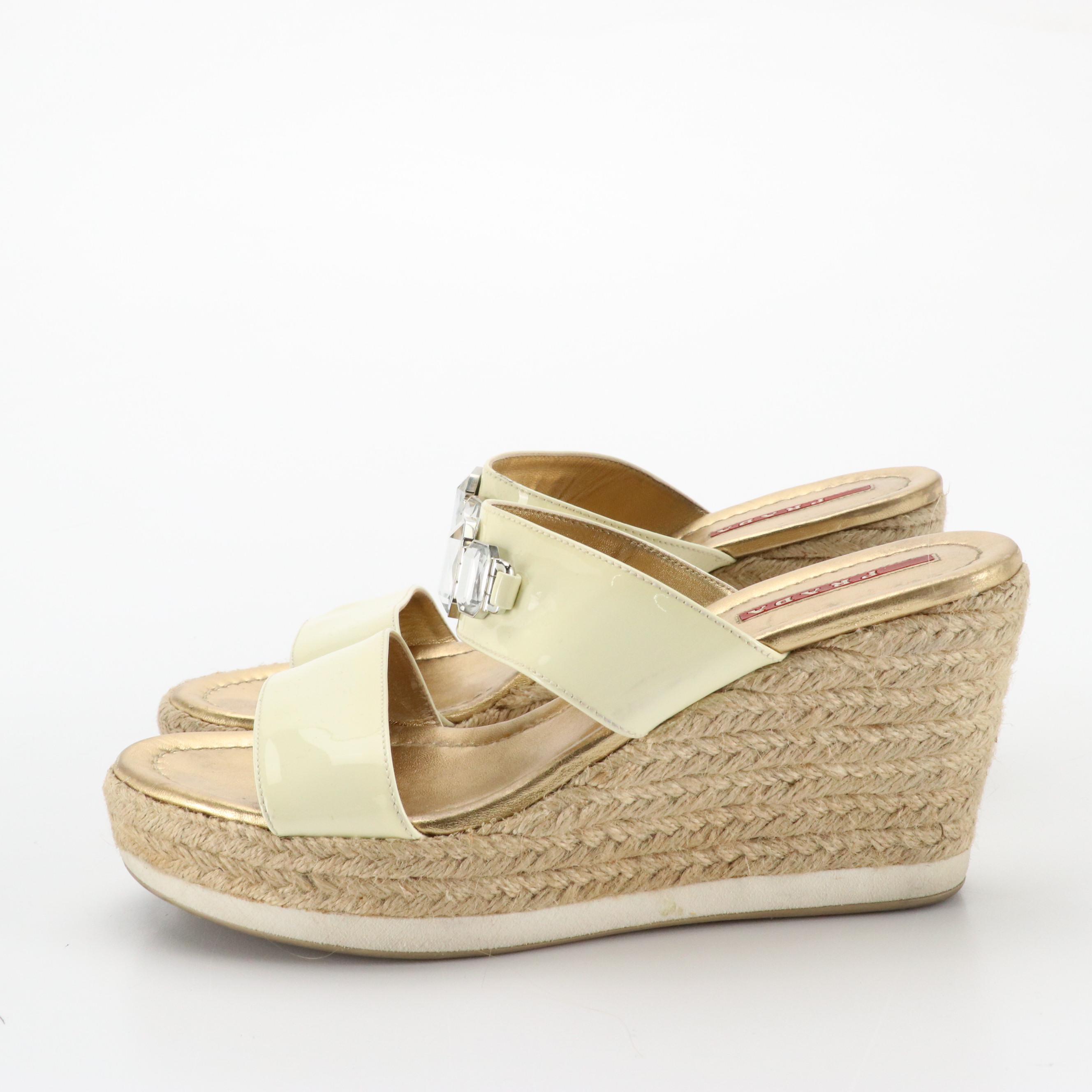 Prada Gem Embellished Cream Patent Leather Espadrille Wedges in Box