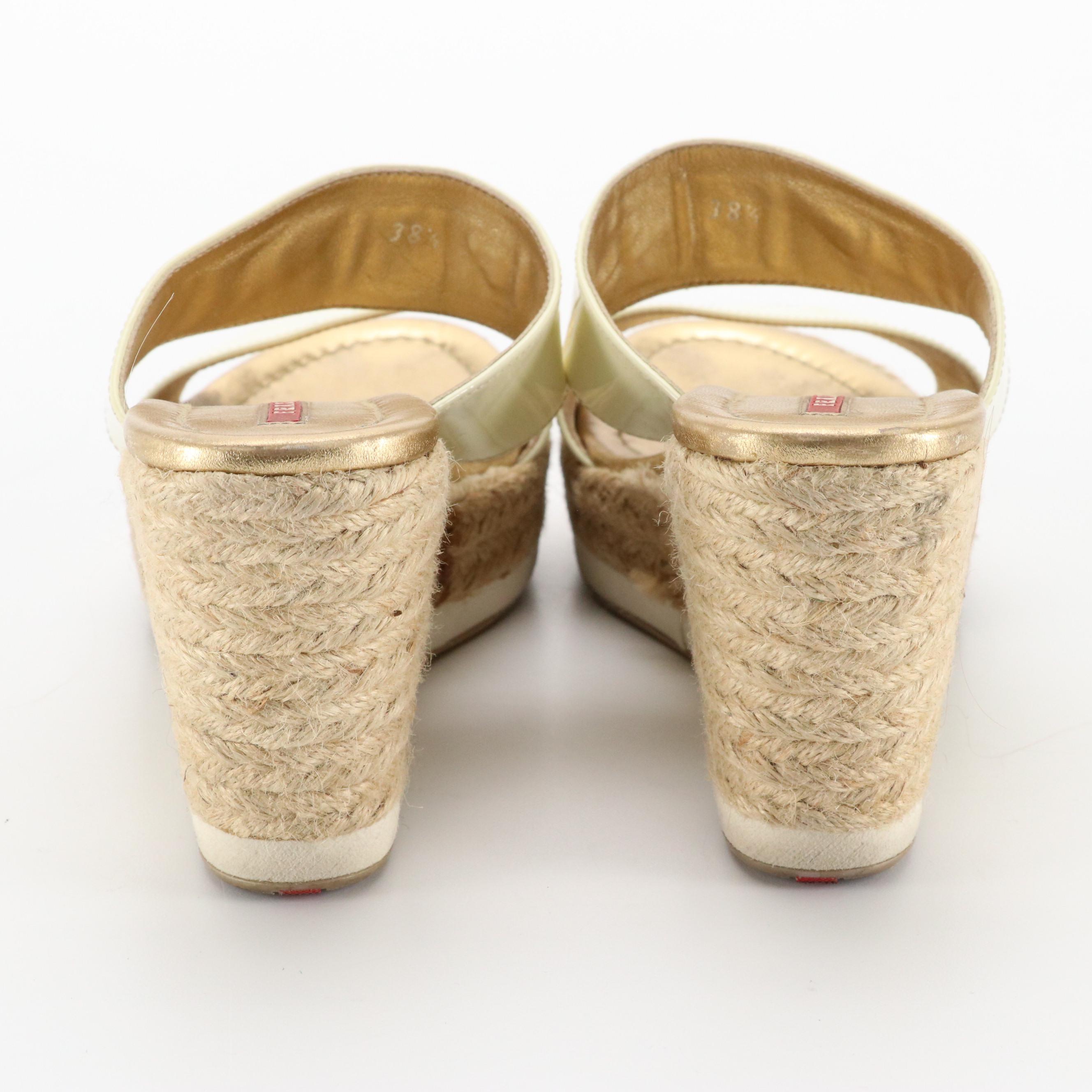 Prada Gem Embellished Cream Patent Leather Espadrille Wedges in Box