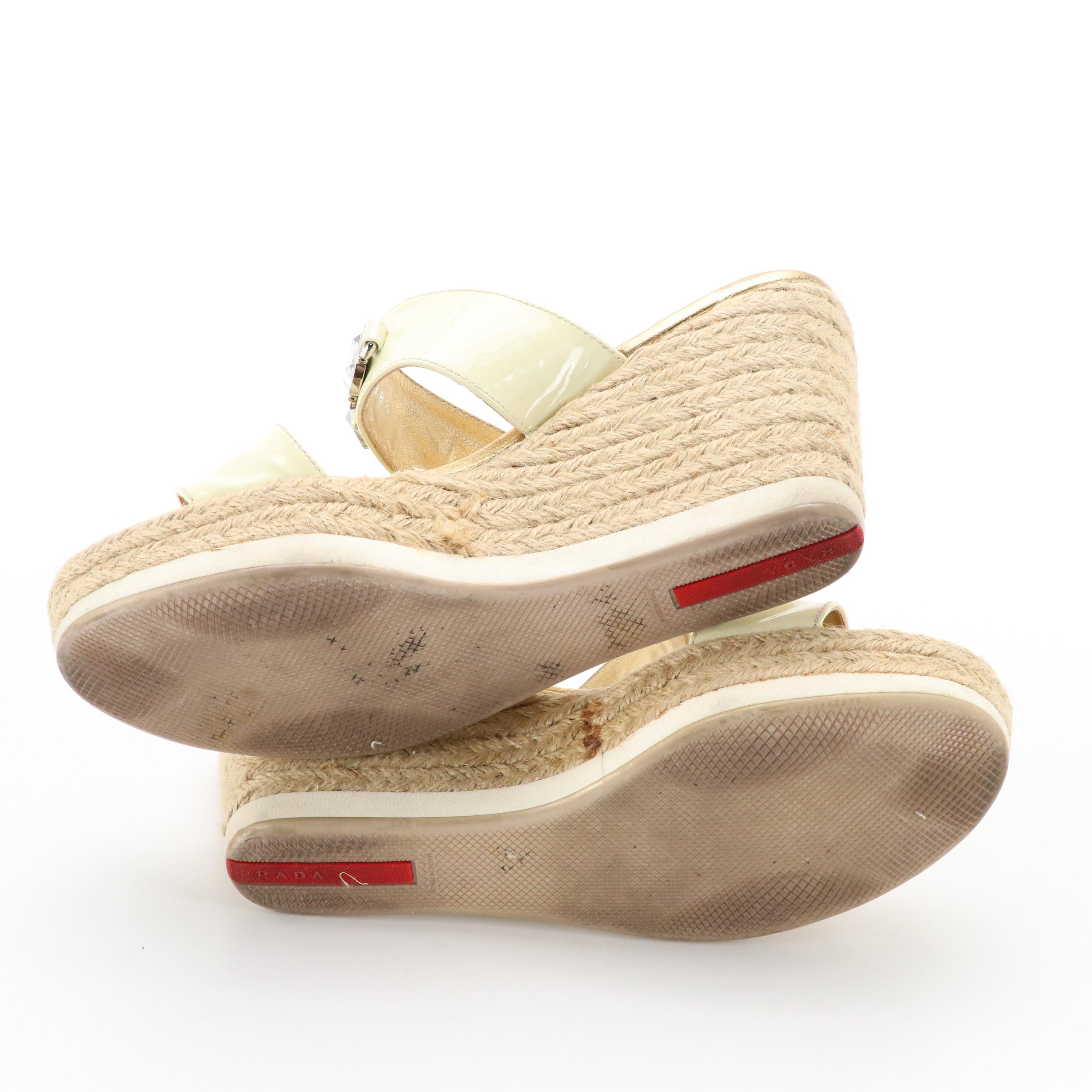 Prada Gem Embellished Cream Patent Leather Espadrille Wedges in Box