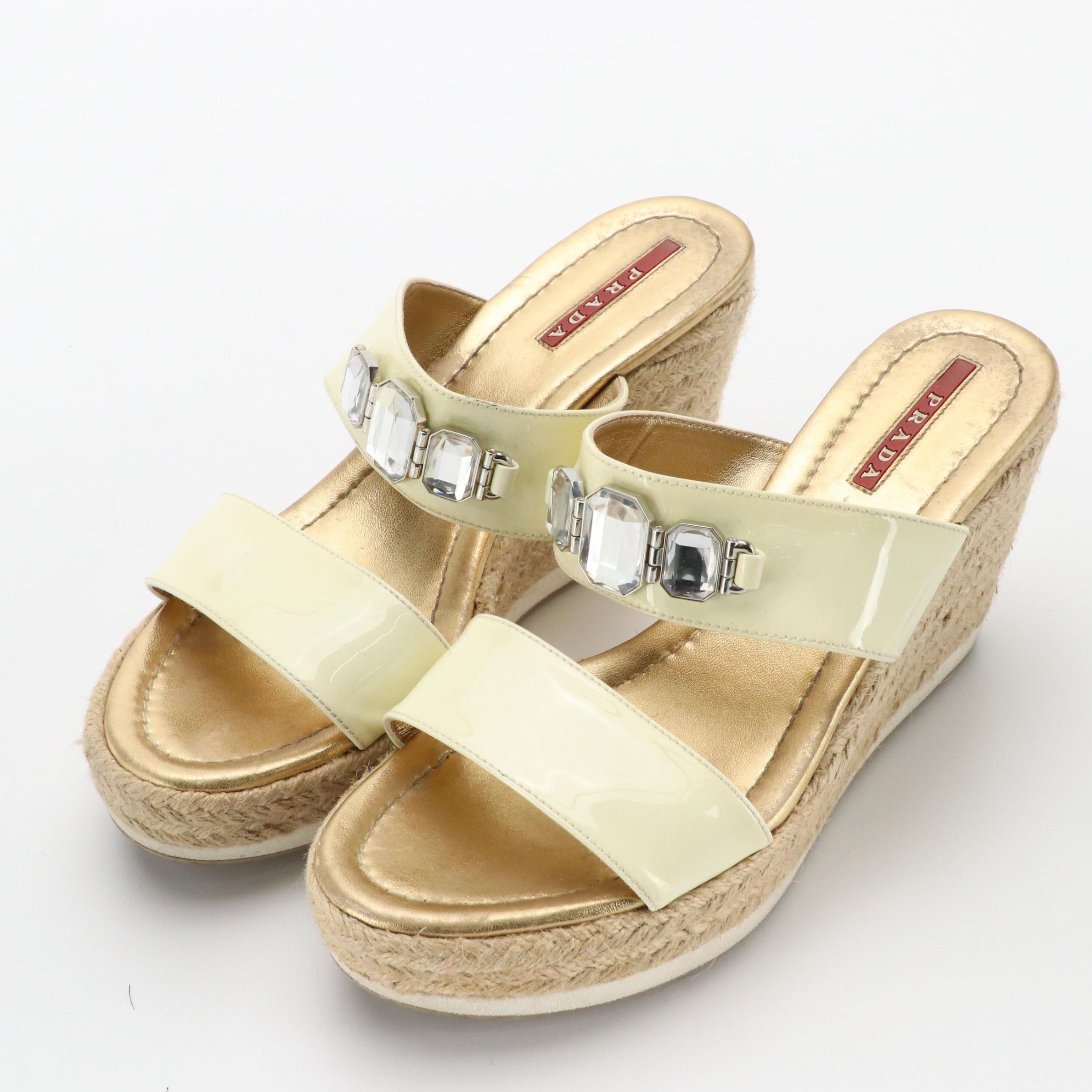 Prada Gem Embellished Cream Patent Leather Espadrille Wedges in Box