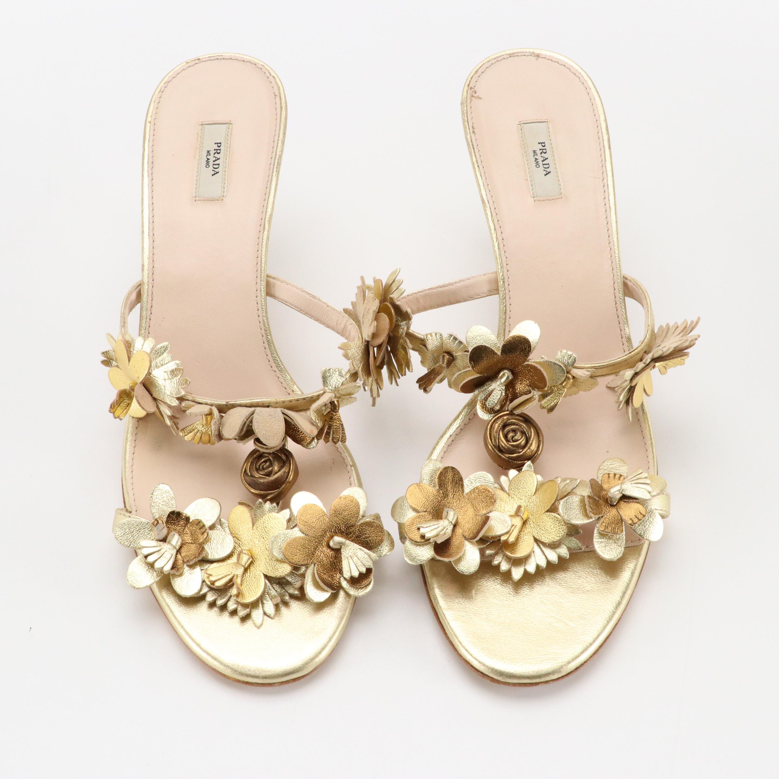 Prada Metallic Gold Patent Leather 3D Flower Heeled Sandals in Box
