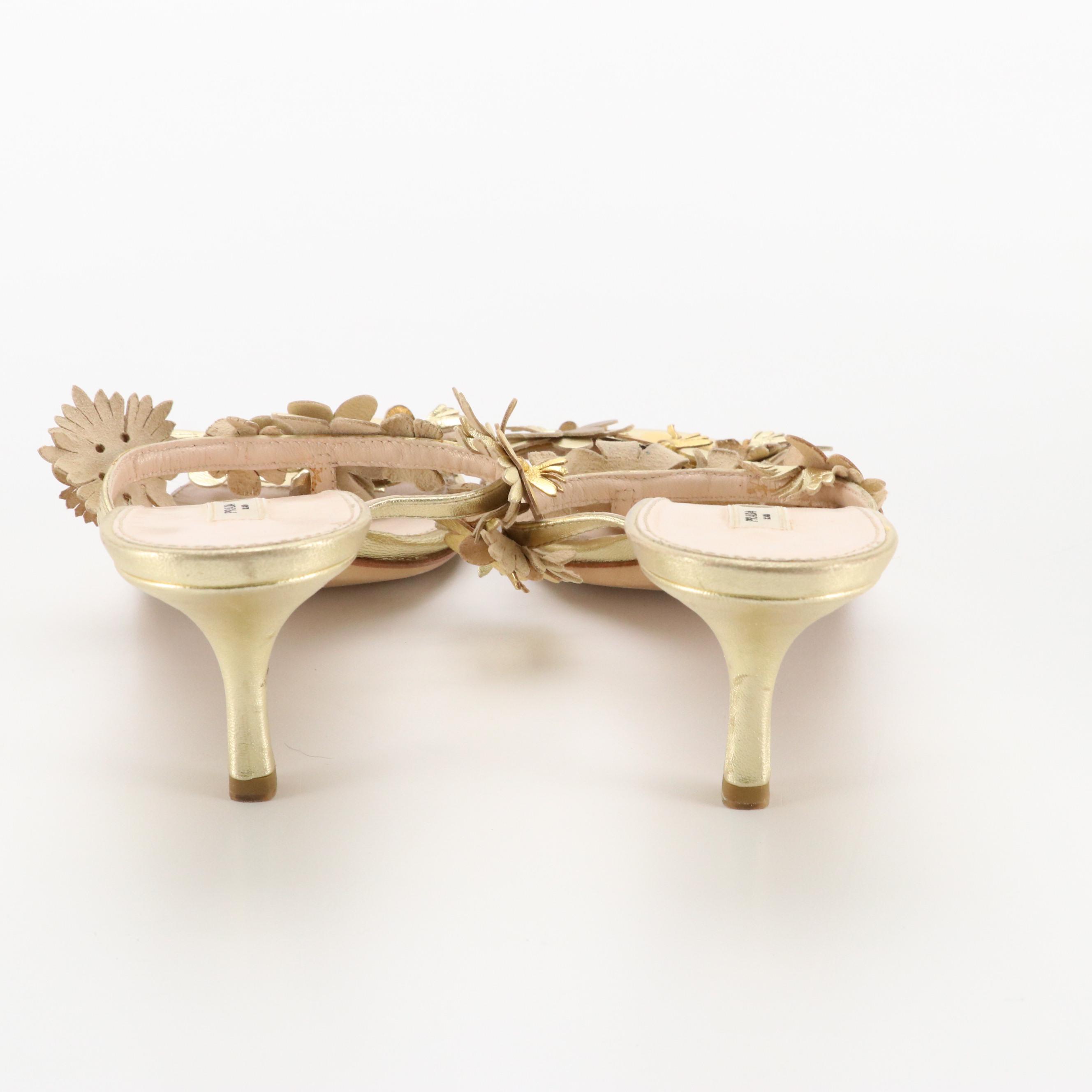 Prada Metallic Gold Patent Leather 3D Flower Heeled Sandals in Box