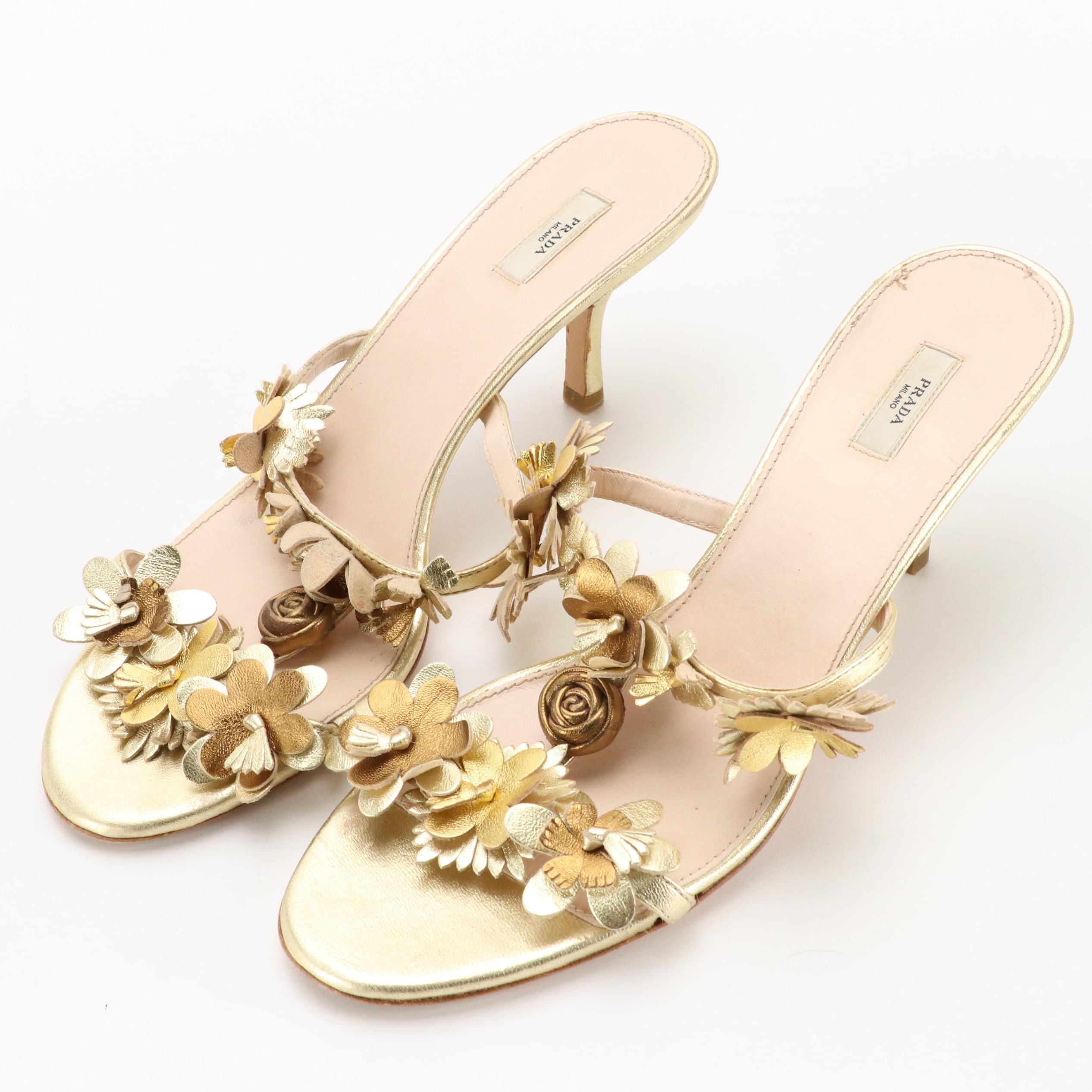 Prada Metallic Gold Patent Leather 3D Flower Heeled Sandals in Box