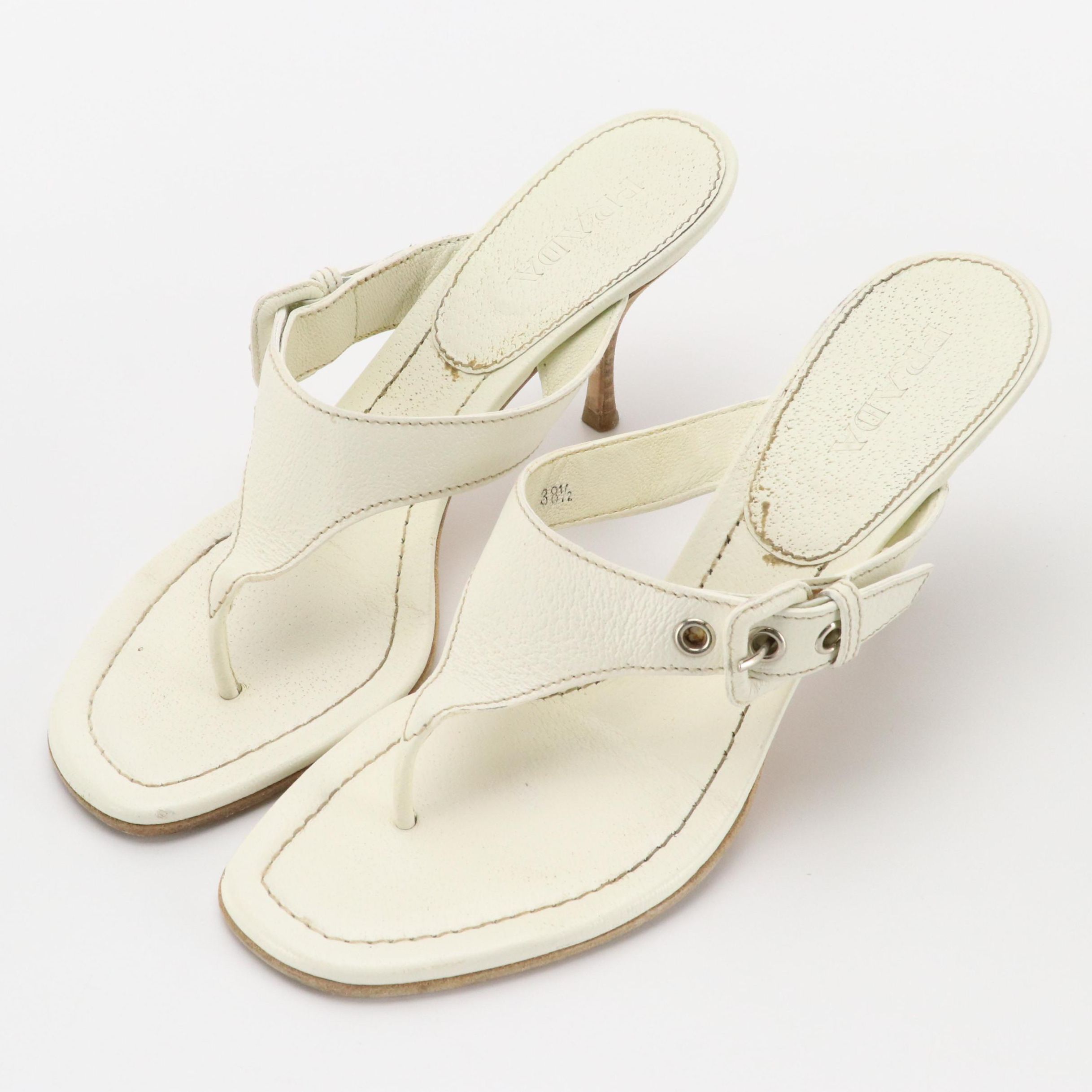 Prada White Cinghiale Leather Toe-Strap Sandals in Box