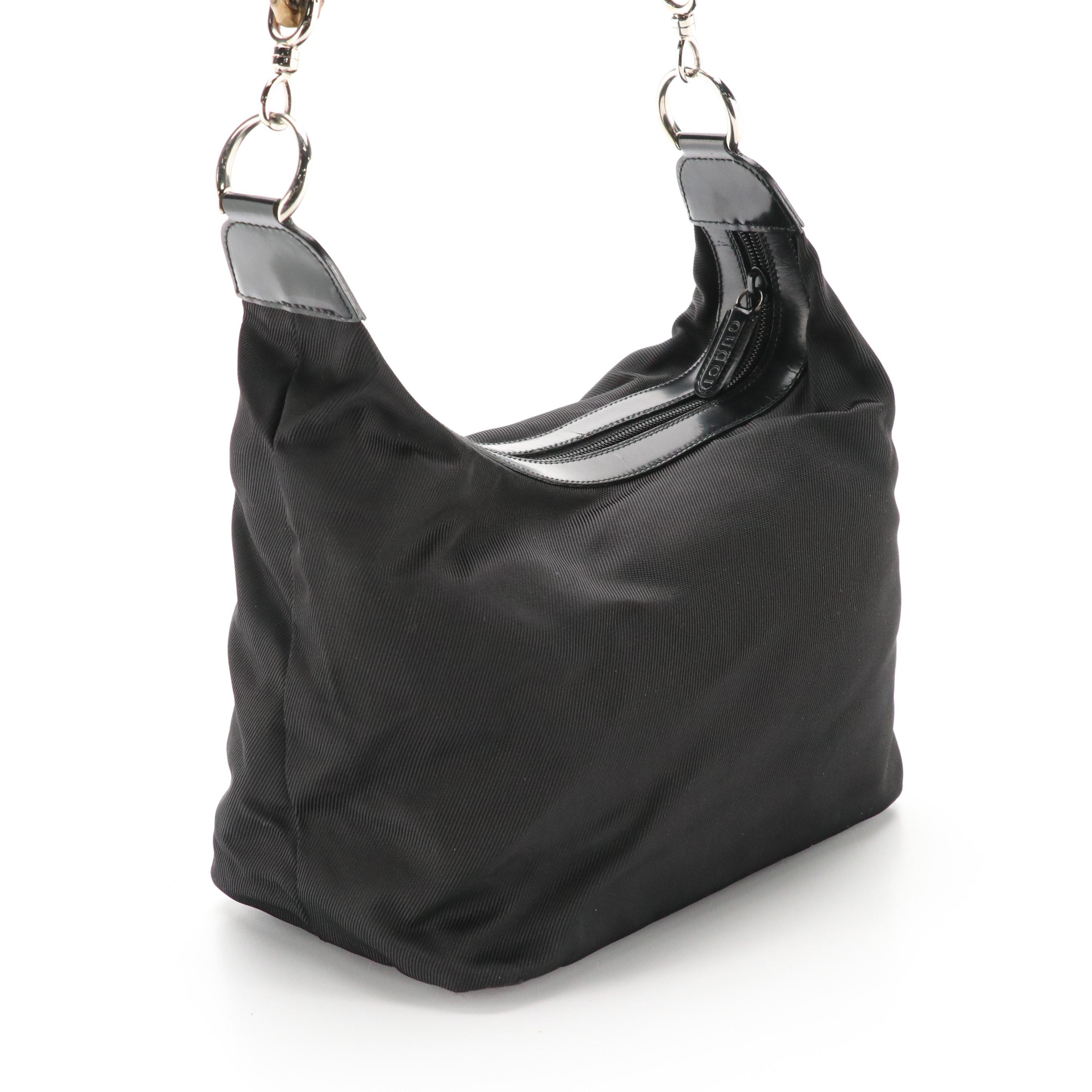 Gucci Bamboo Shoulder Bag in Black Nylon Canvas and Leather Trim