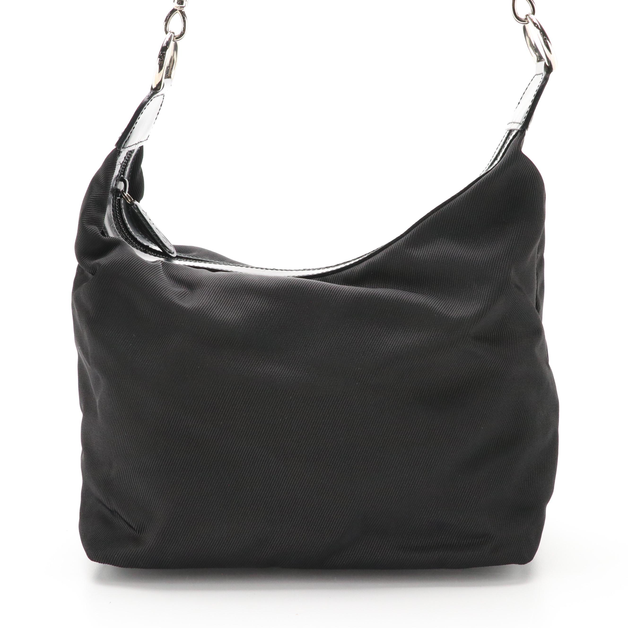 Gucci Bamboo Shoulder Bag in Black Nylon Canvas and Leather Trim