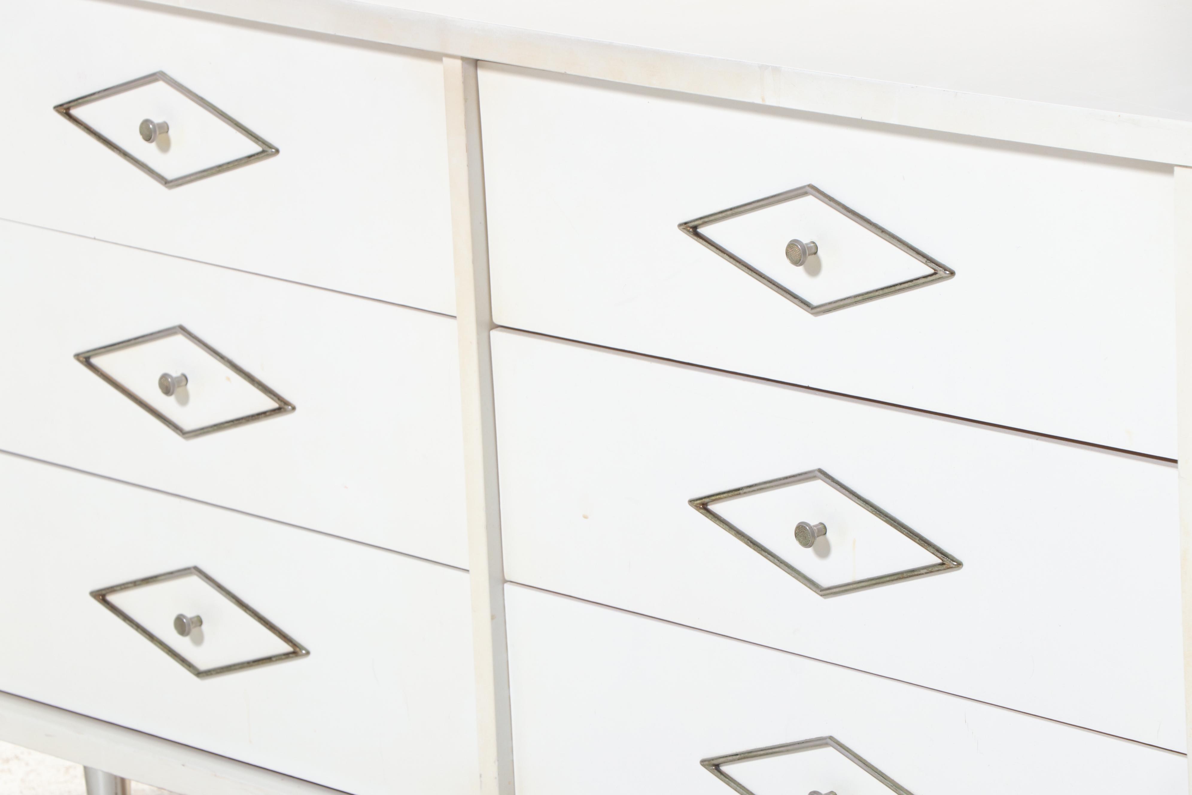 Mid Century Modern White-Painted and Laminate Top Six-Drawer Chest