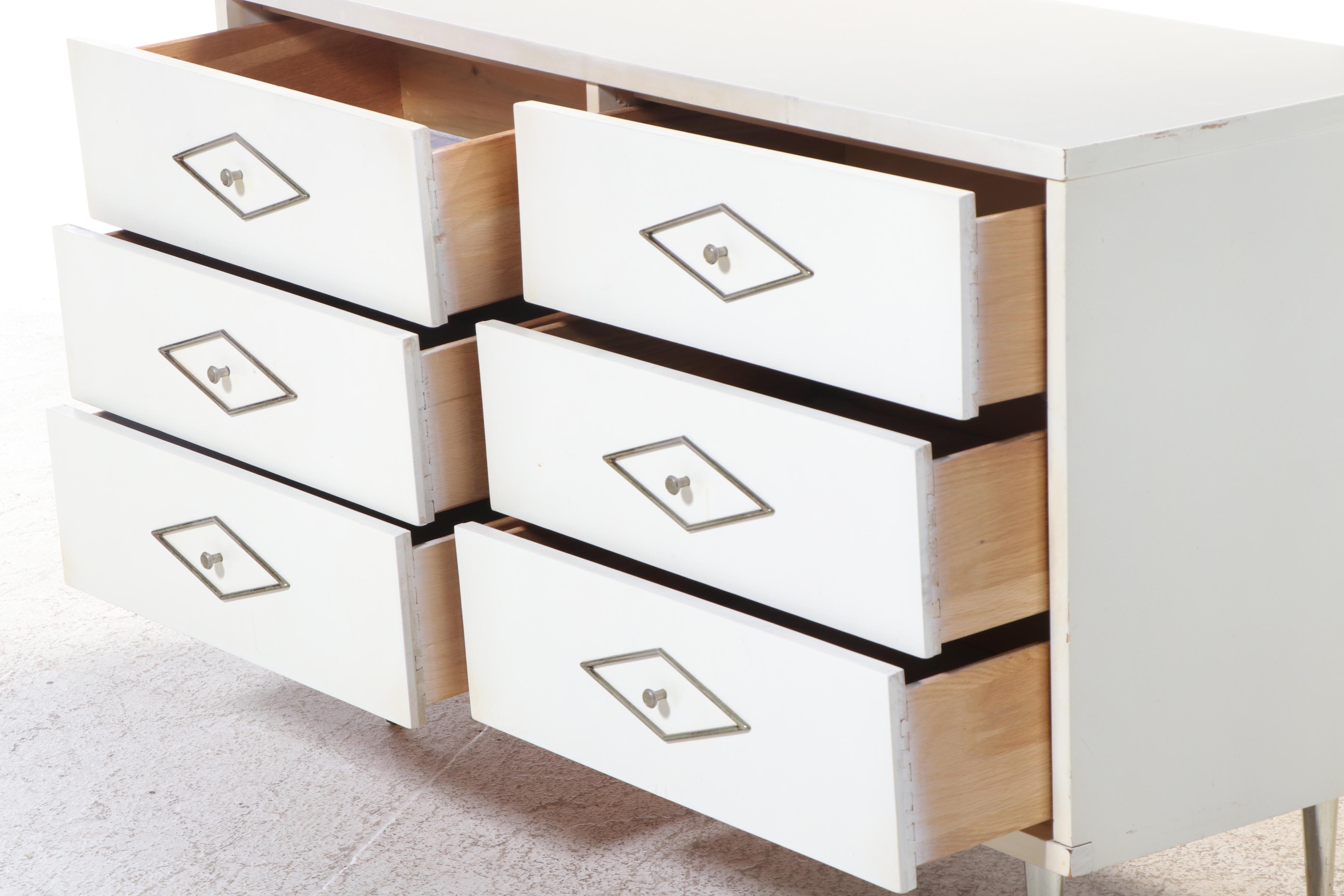 Mid Century Modern White-Painted and Laminate Top Six-Drawer Chest