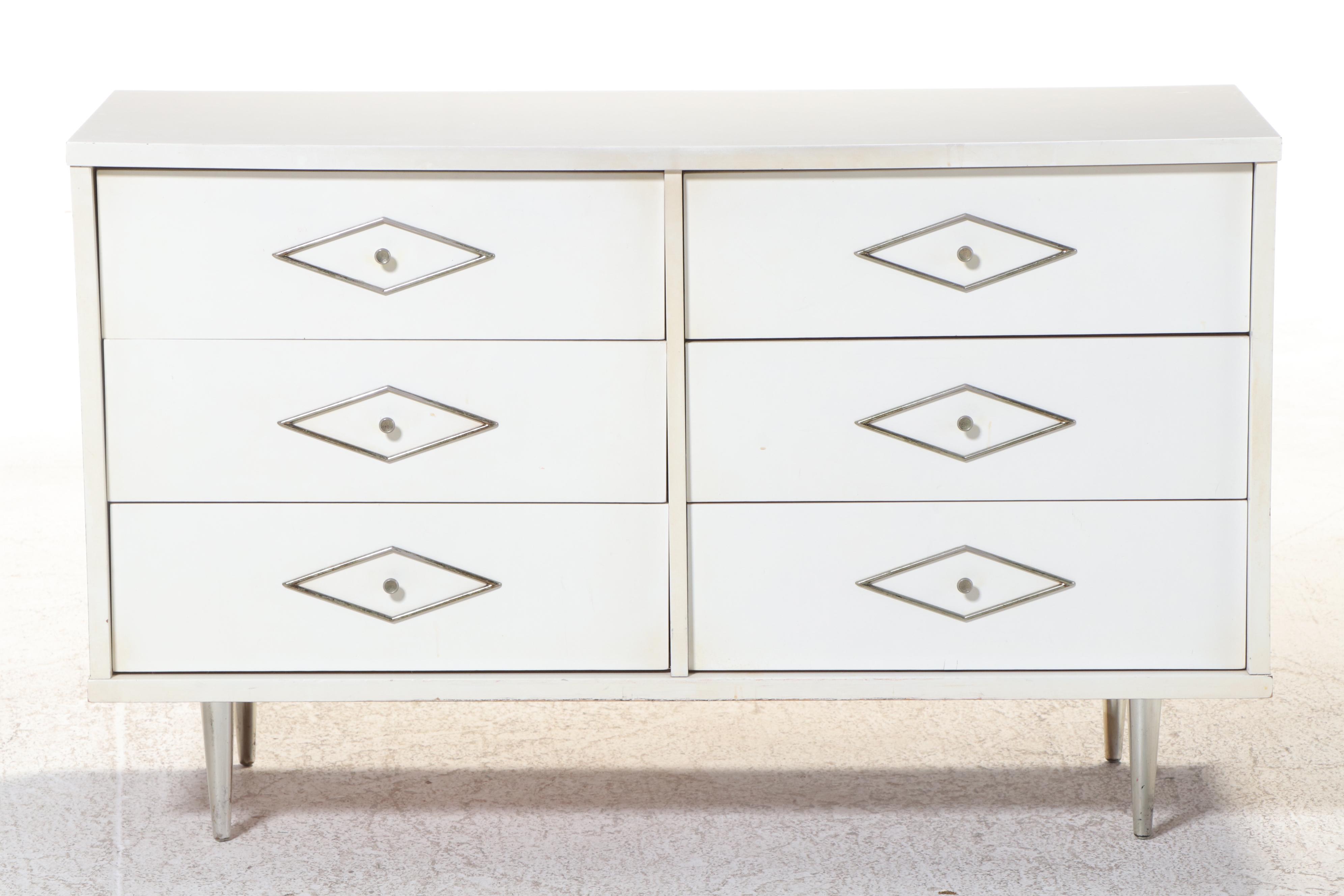 Mid Century Modern White-Painted and Laminate Top Six-Drawer Chest