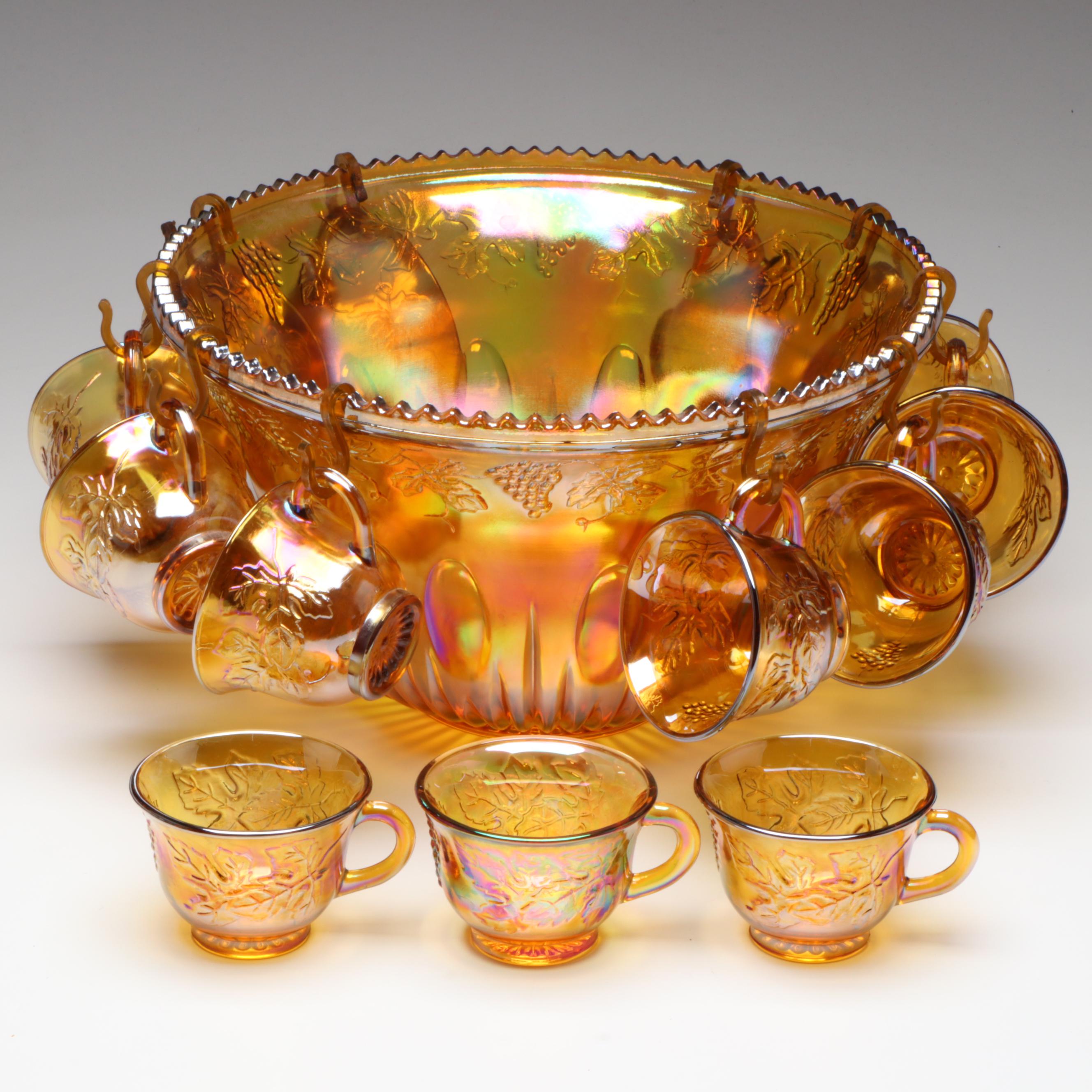 Indiana Glass "Princess" Amber Carnival Glass Punch Set, 1970–1990
