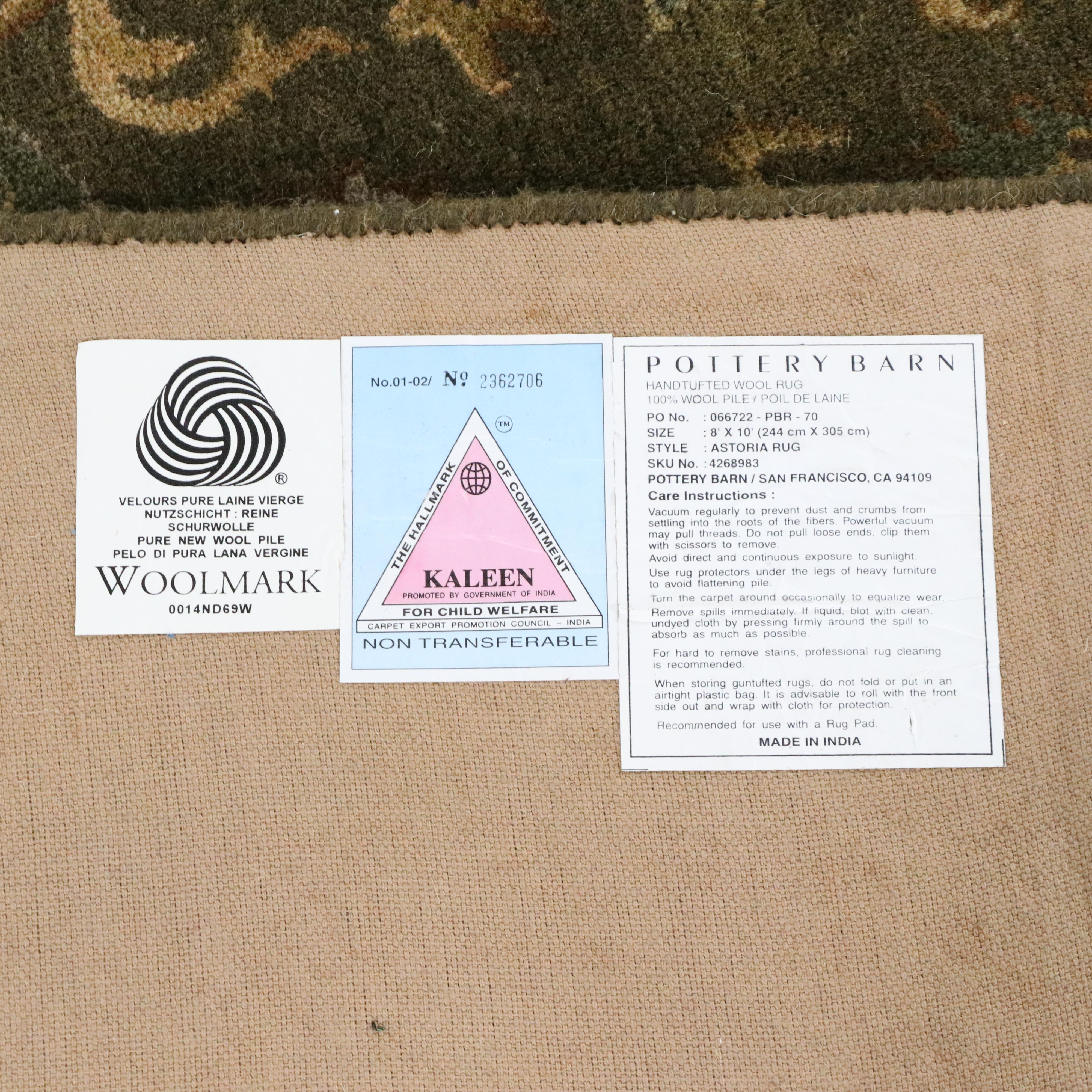 8'x 9'11 Hand-Tufted Pottery Barn Indian Agra "Astoria" Area Rug