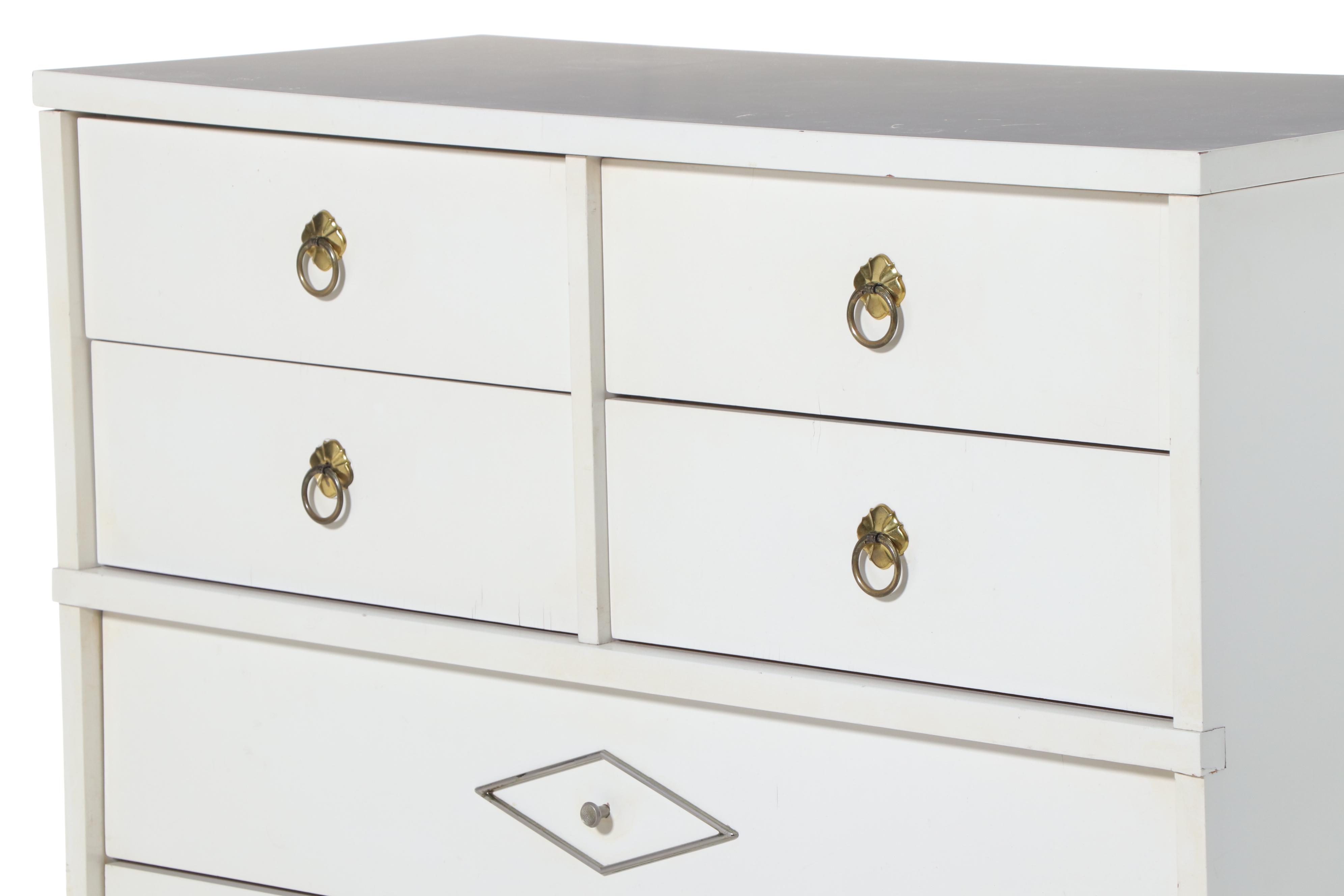 Mid Century Modern White-Painted and Laminate Top Seven-Drawer Chest