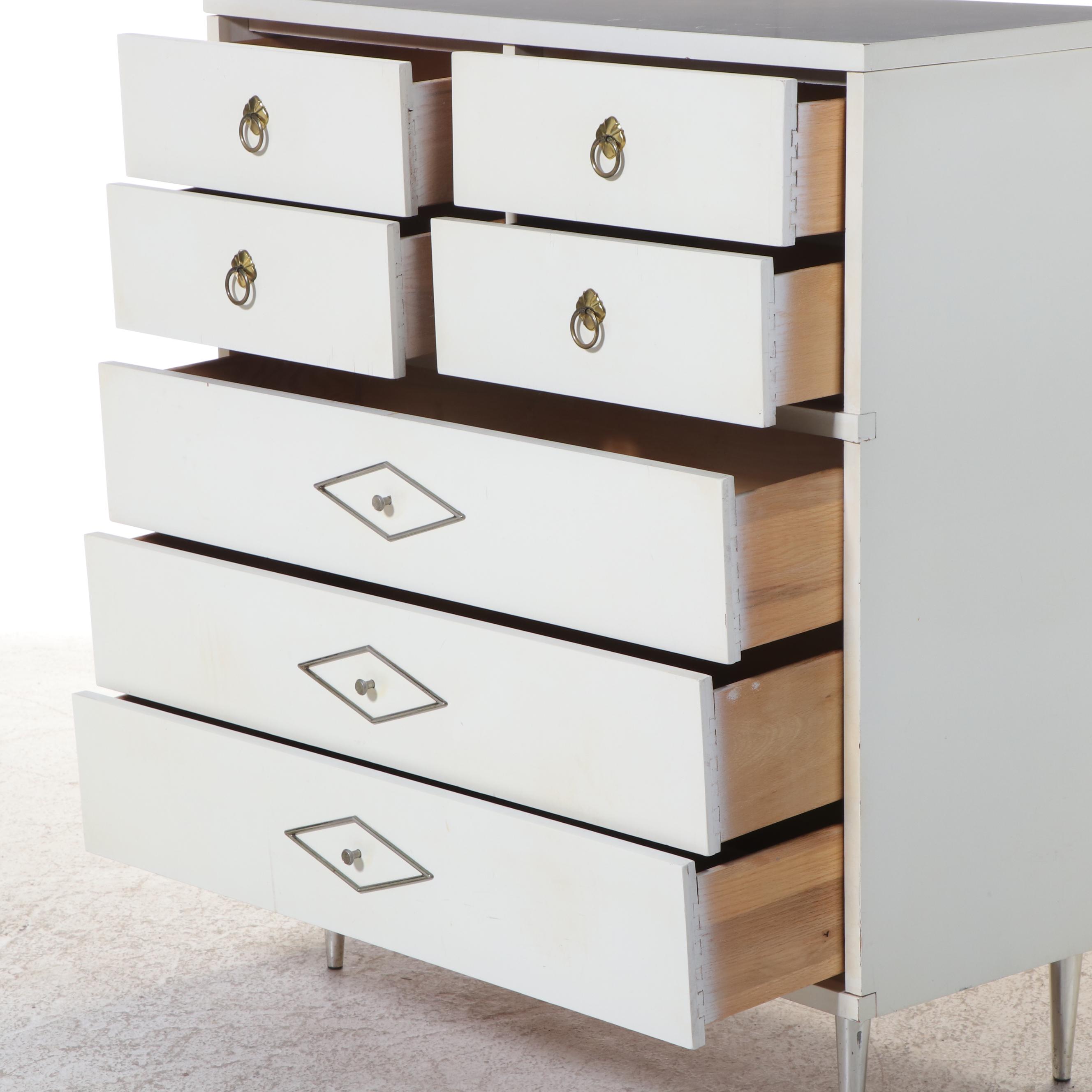 Mid Century Modern White-Painted and Laminate Top Seven-Drawer Chest