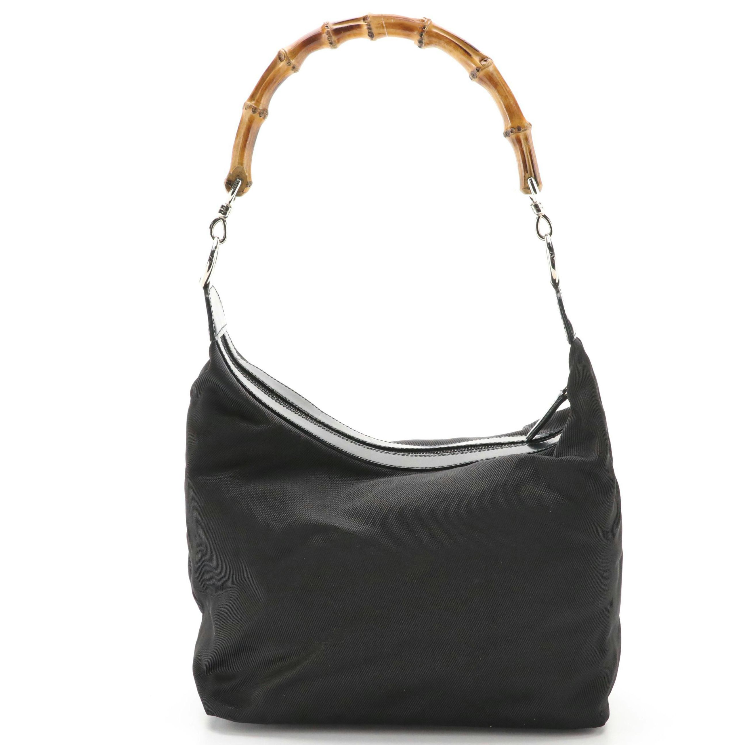 Gucci Bamboo Shoulder Bag in Black Nylon Canvas and Leather Trim