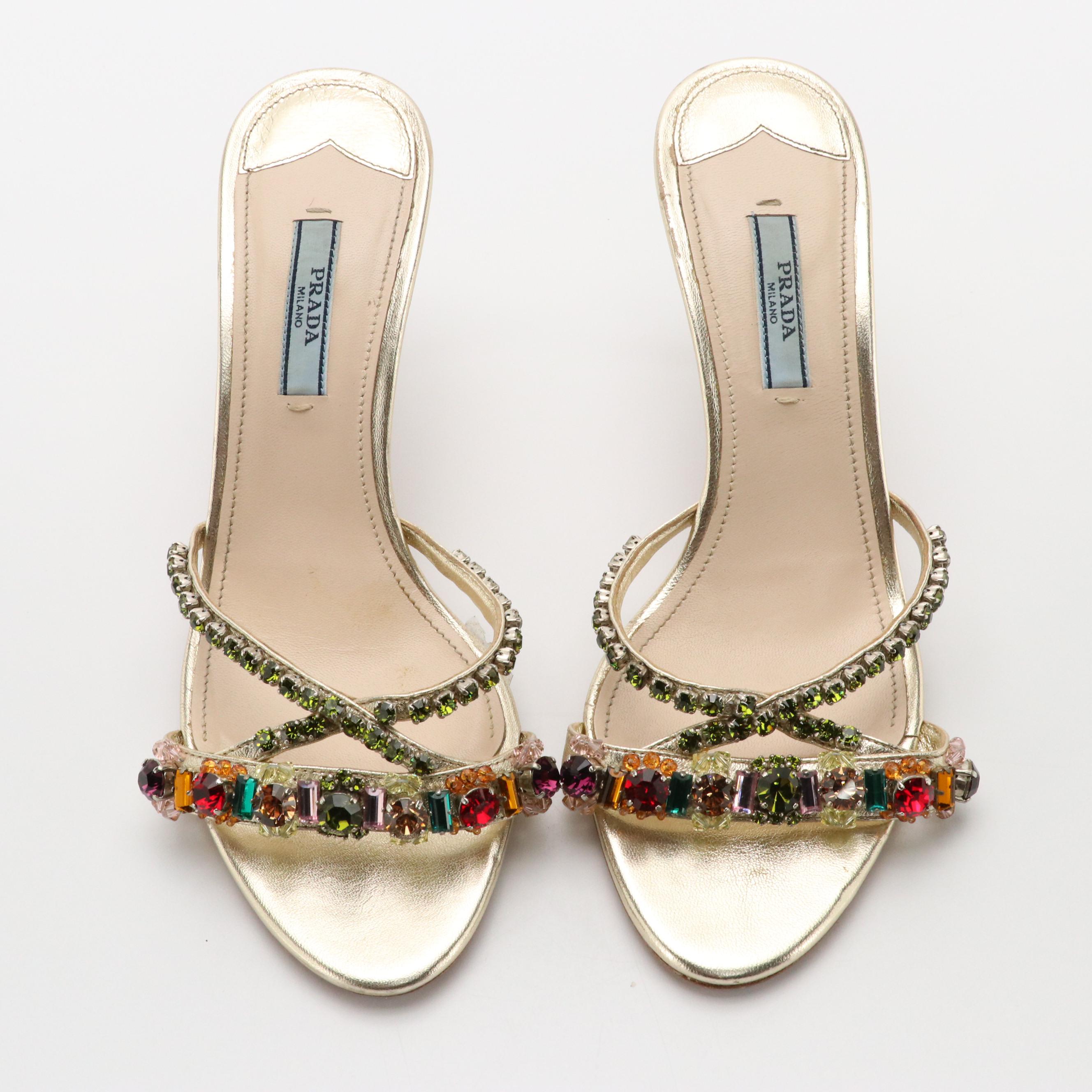 Prada Rhinestone and Bead Embellished Criss-Cross Heeled Sandals in Box