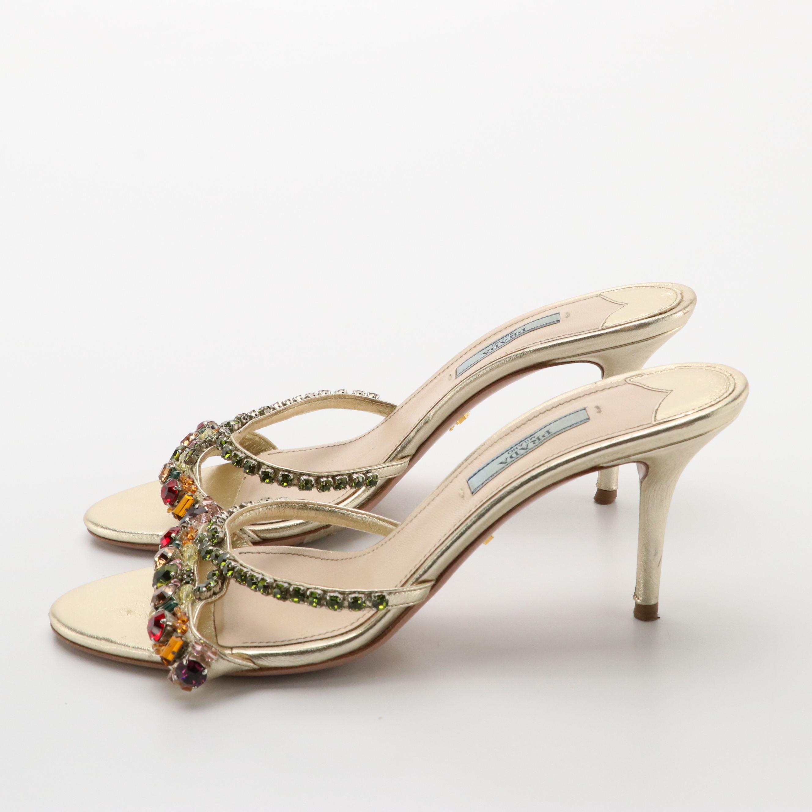Prada Rhinestone and Bead Embellished Criss-Cross Heeled Sandals in Box