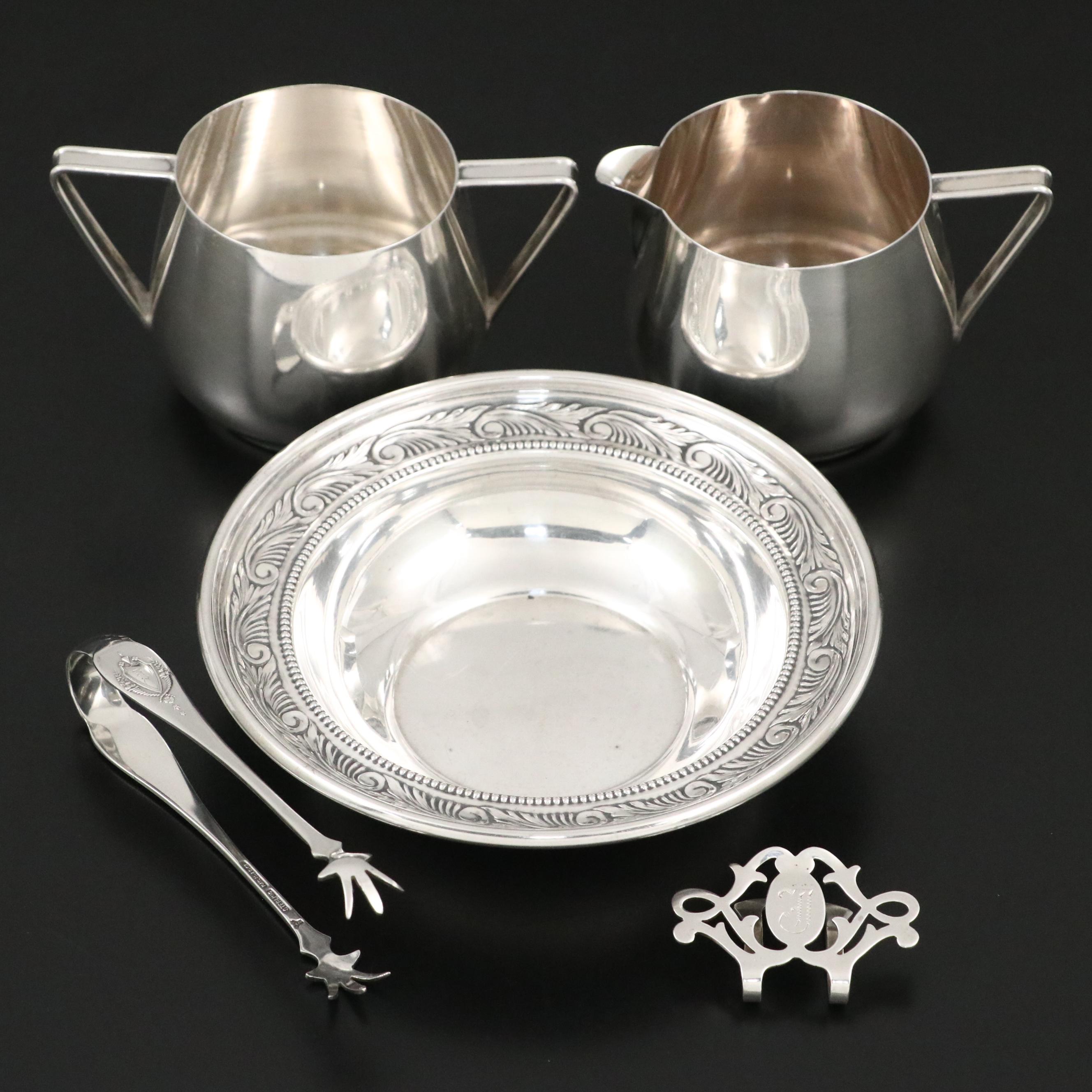 Reed and Barton Sterling Bonbon Bowl with Lunt Napkin Clip and Tongs and Others