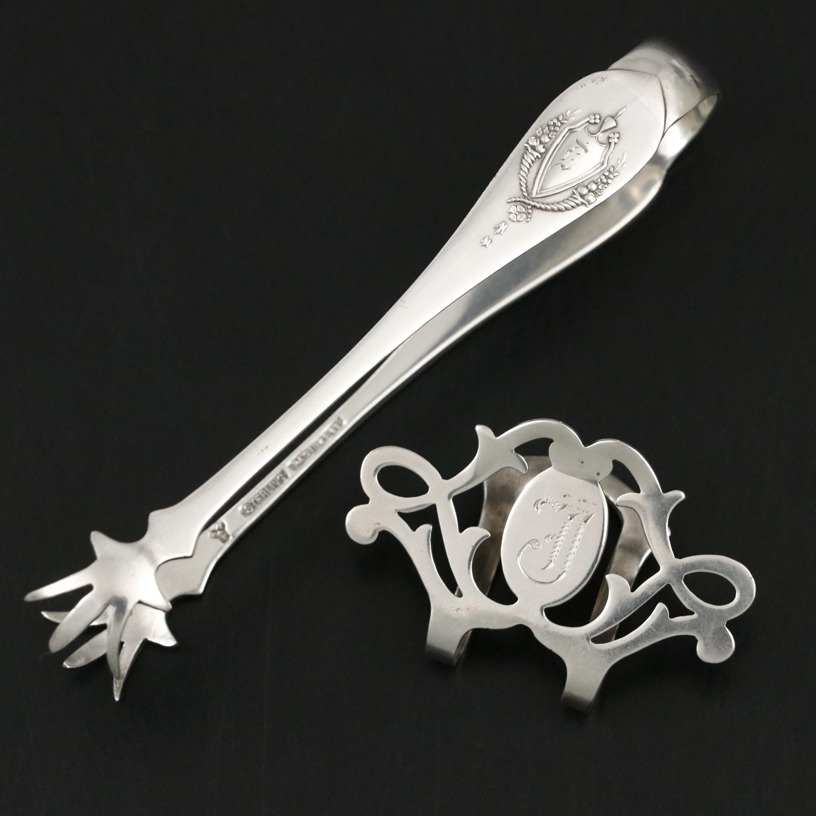 Reed and Barton Sterling Bonbon Bowl with Lunt Napkin Clip and Tongs and Others