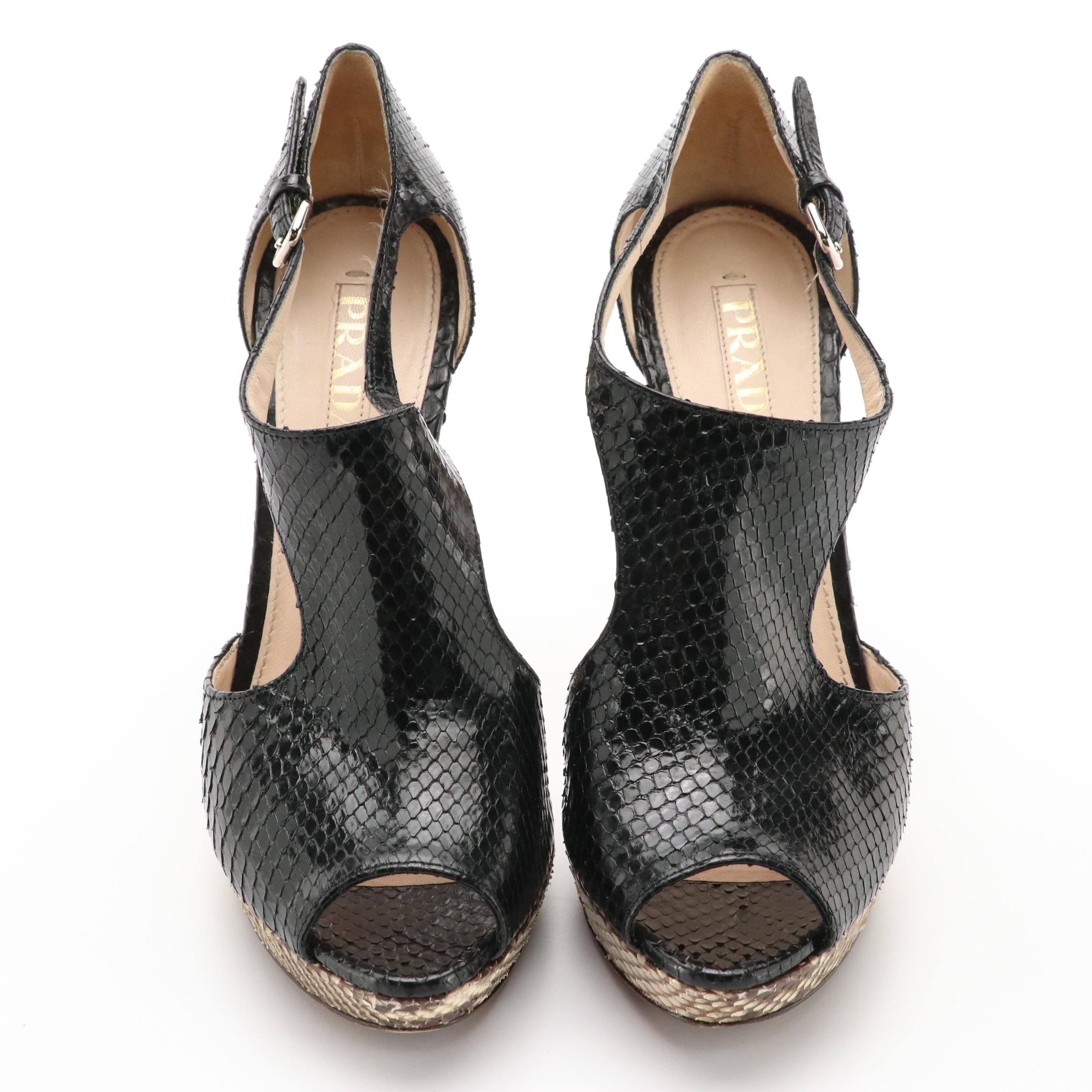 Prada Python Leather Peep-Toe Platform Ankle Strap Pumps, With Box