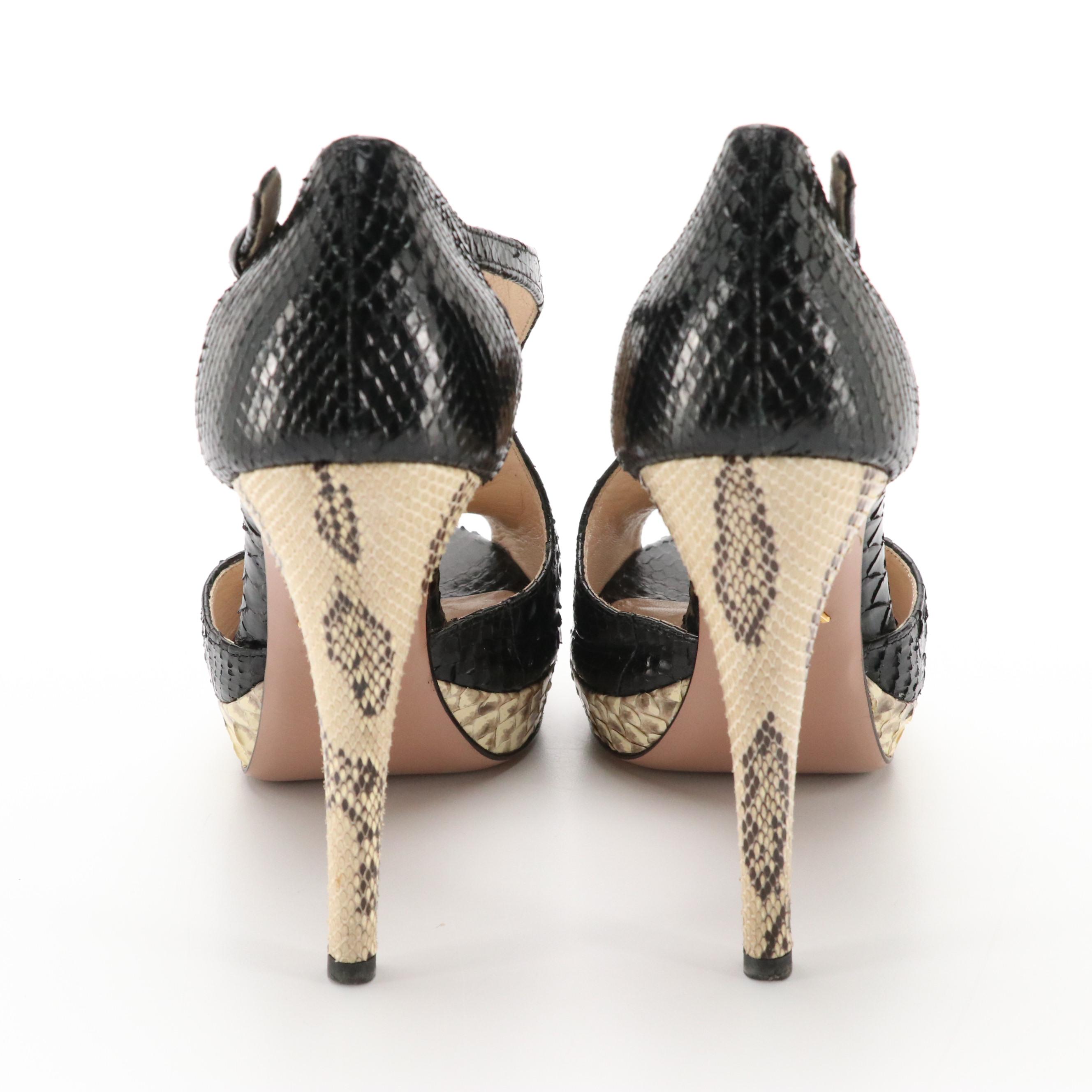 Prada Python Leather Peep-Toe Platform Ankle Strap Pumps, With Box