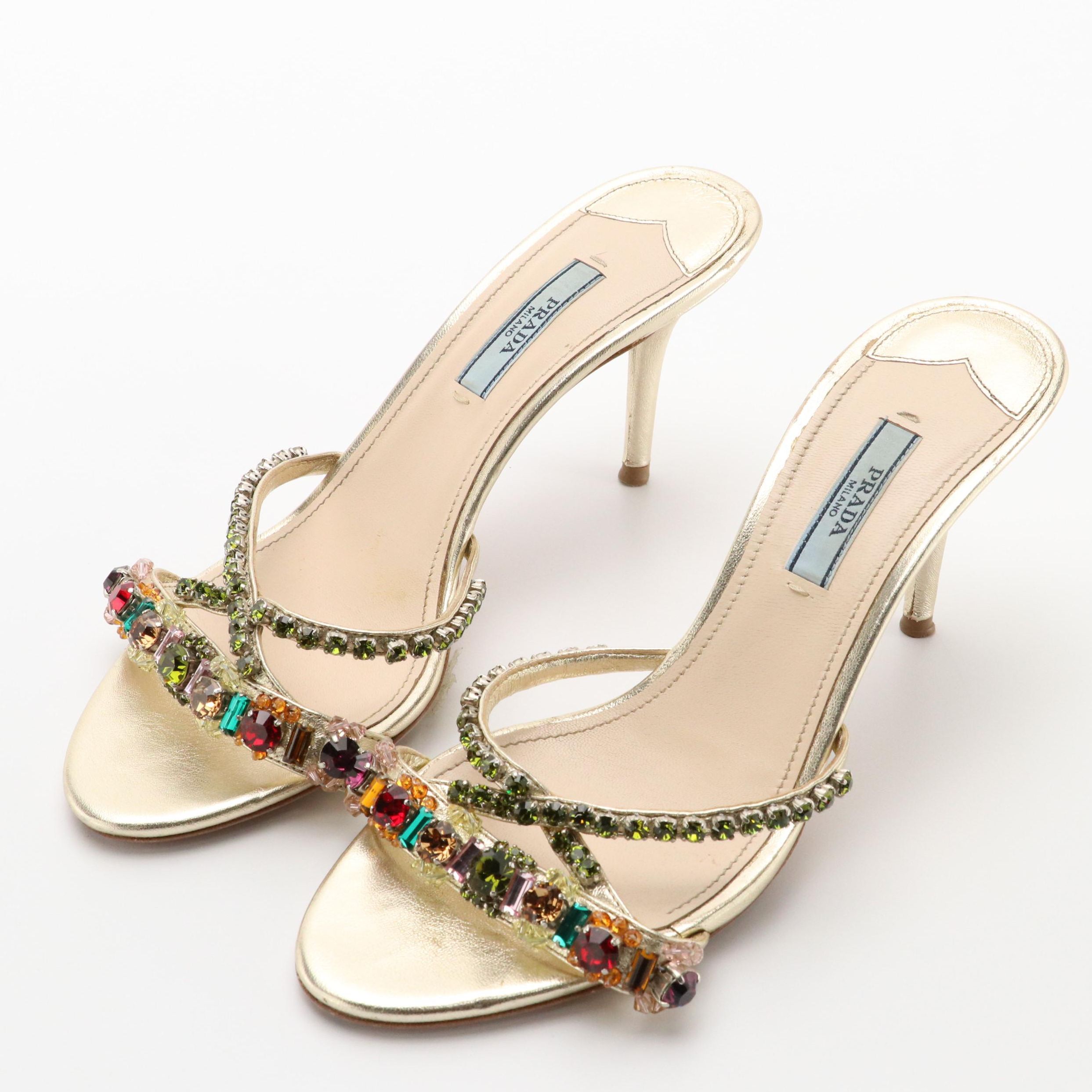 Prada Rhinestone and Bead Embellished Criss-Cross Heeled Sandals in Box