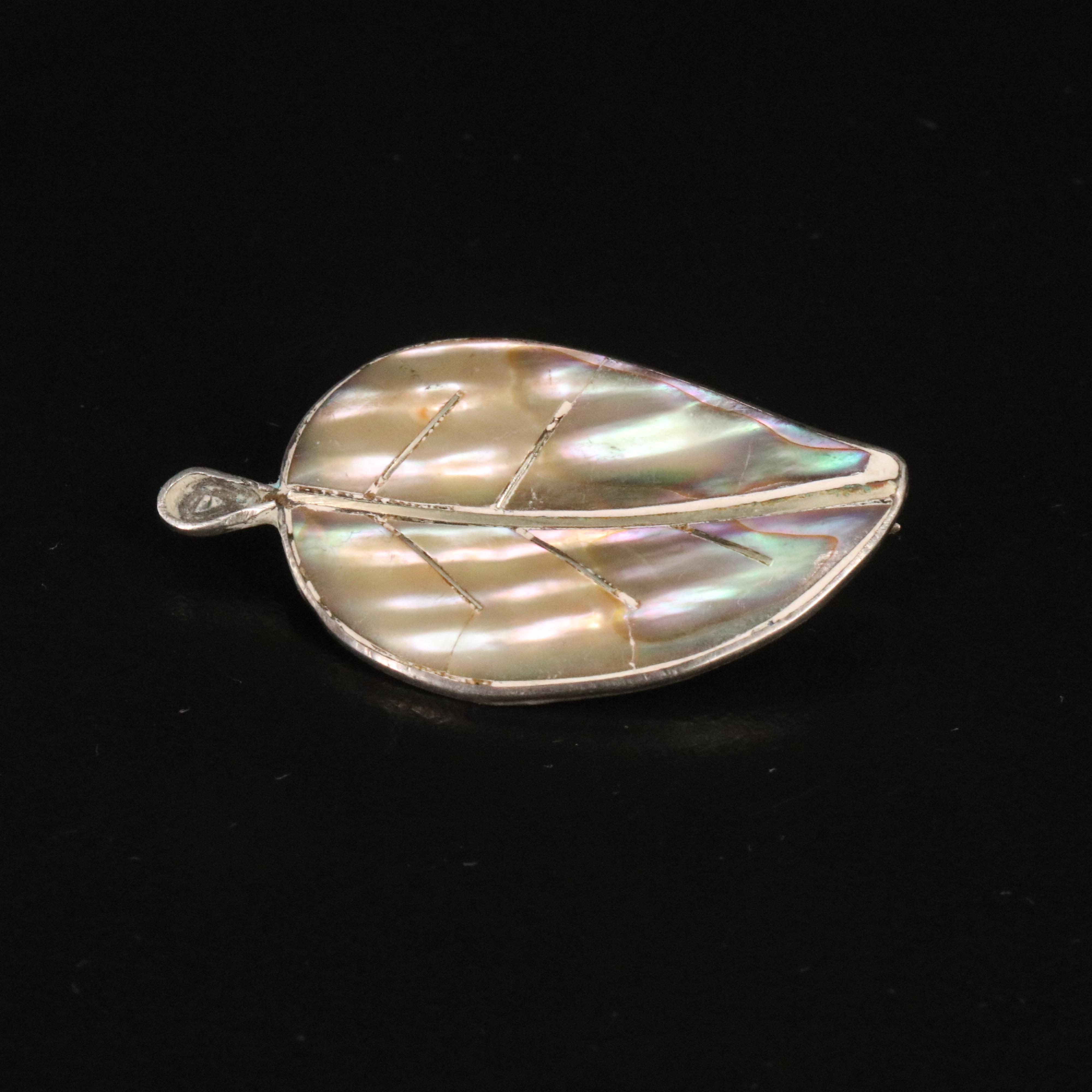 Taxco Sterling Abalone Inlay Leaf Brooch