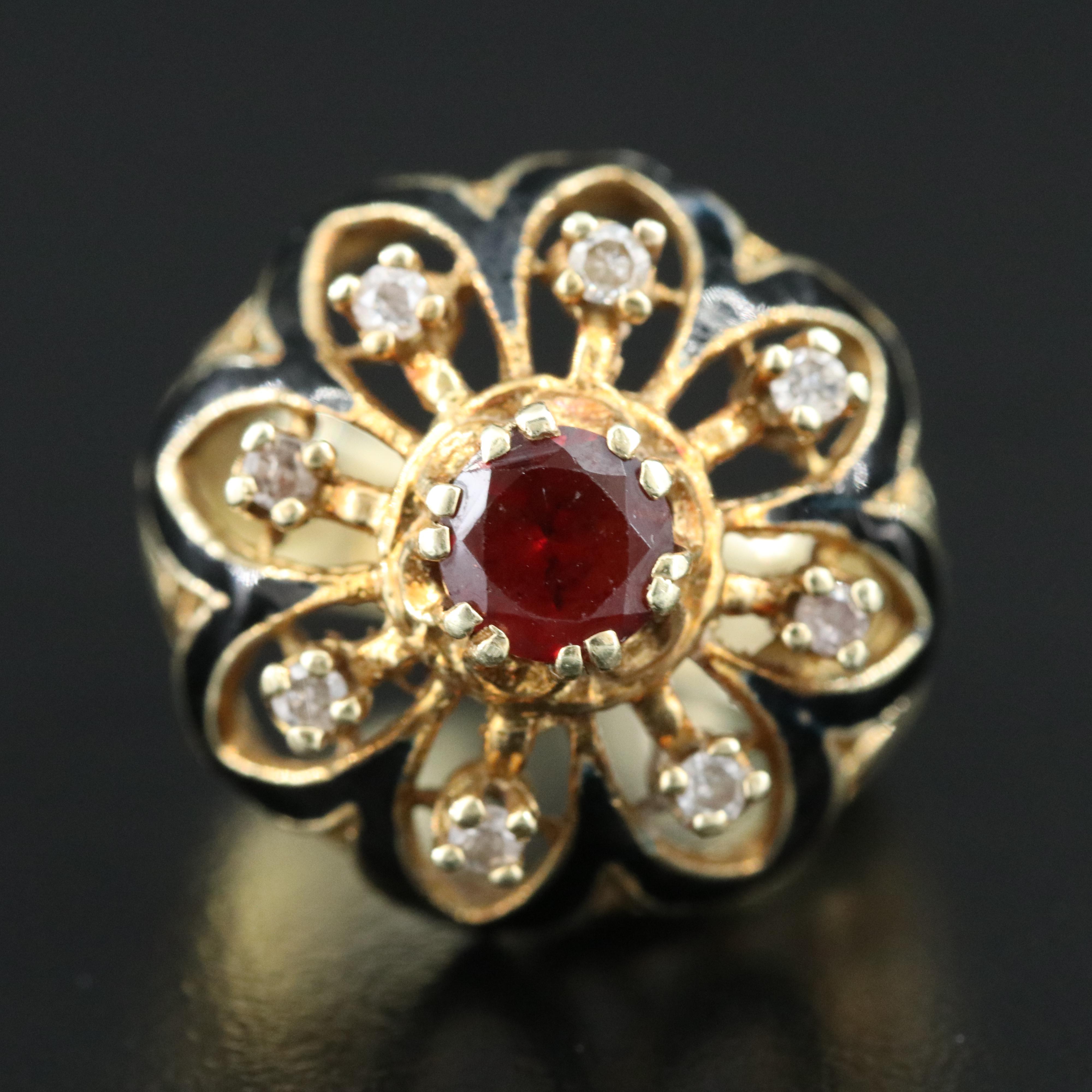 14K Ruby and Diamond Basket Weave Ring with Enamel Detail