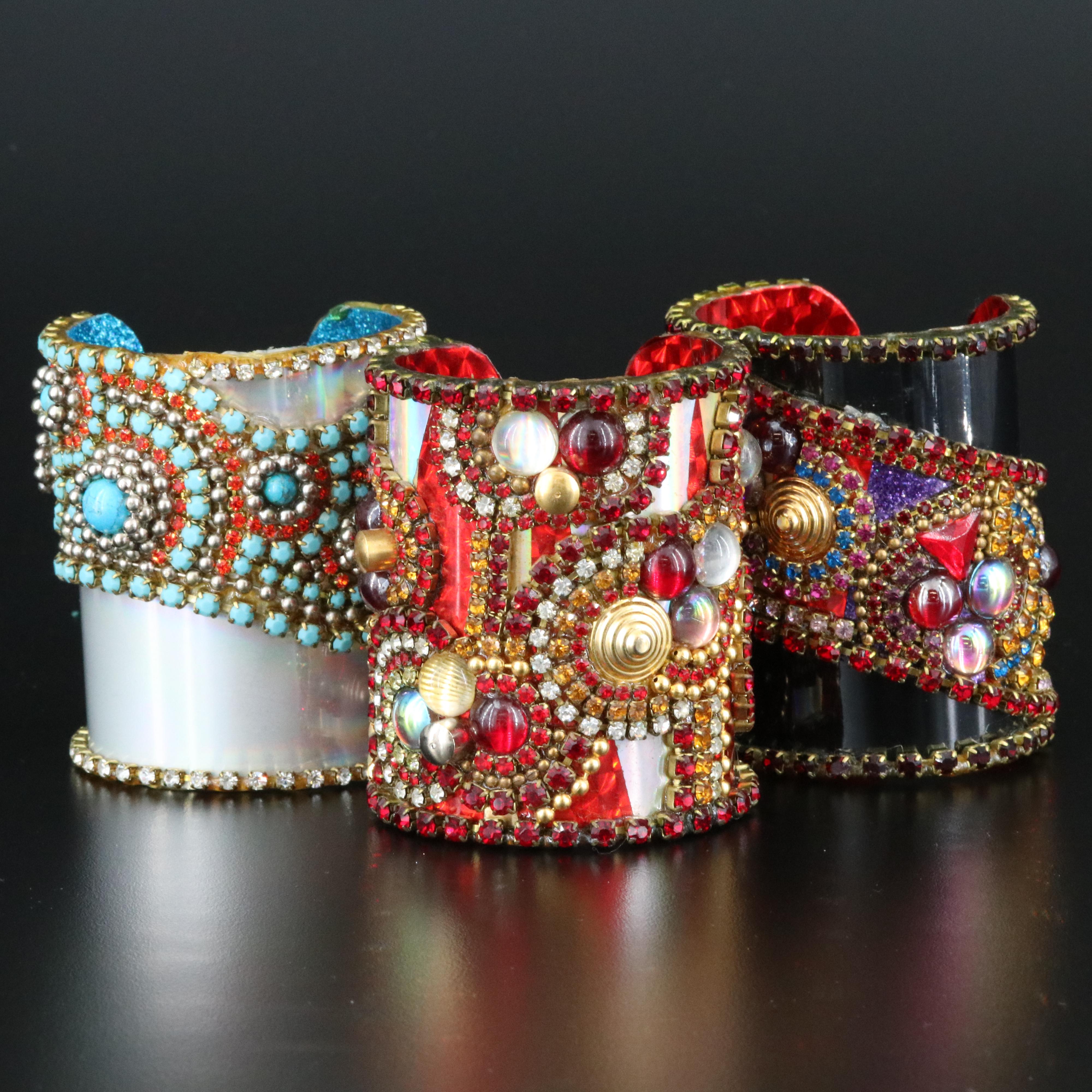 Rhinestone, Glass and Magnesite Assemblage Cuffs