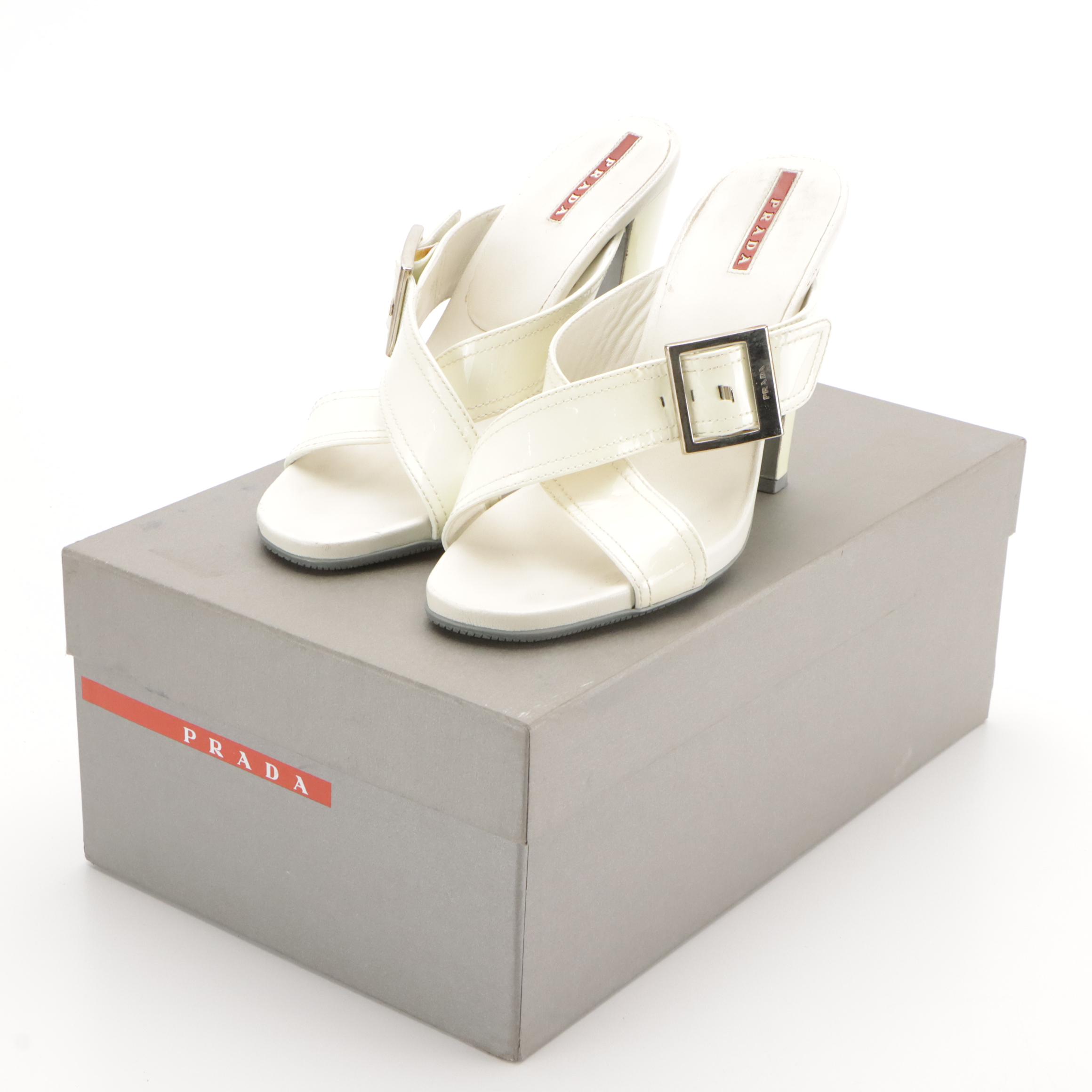 Prada Sport Criss Cross Buckle Strap Dress Sandals in Patent Leather with Box