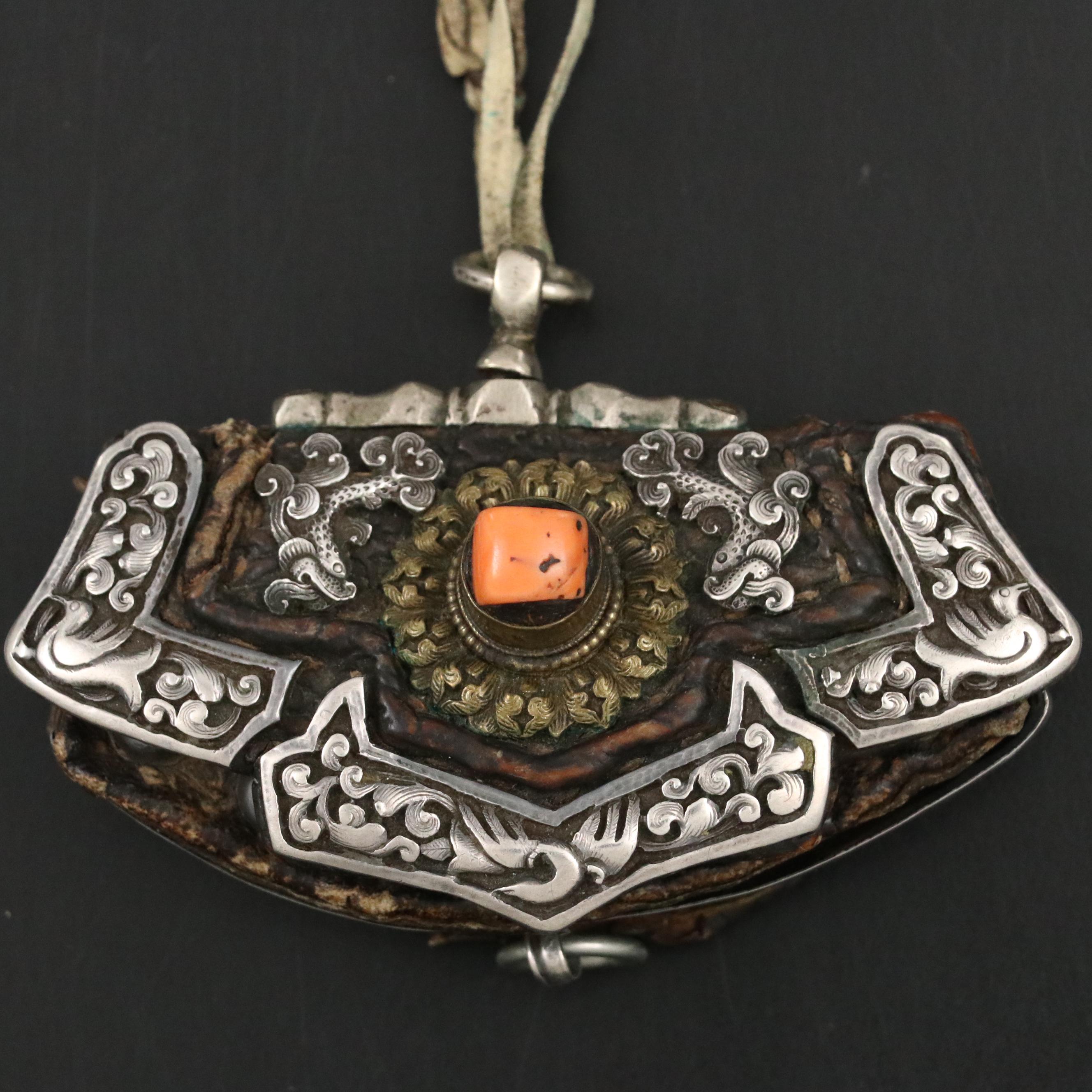 Antique Tibetan 800 Silver Coral Mechak Flint Pouch
