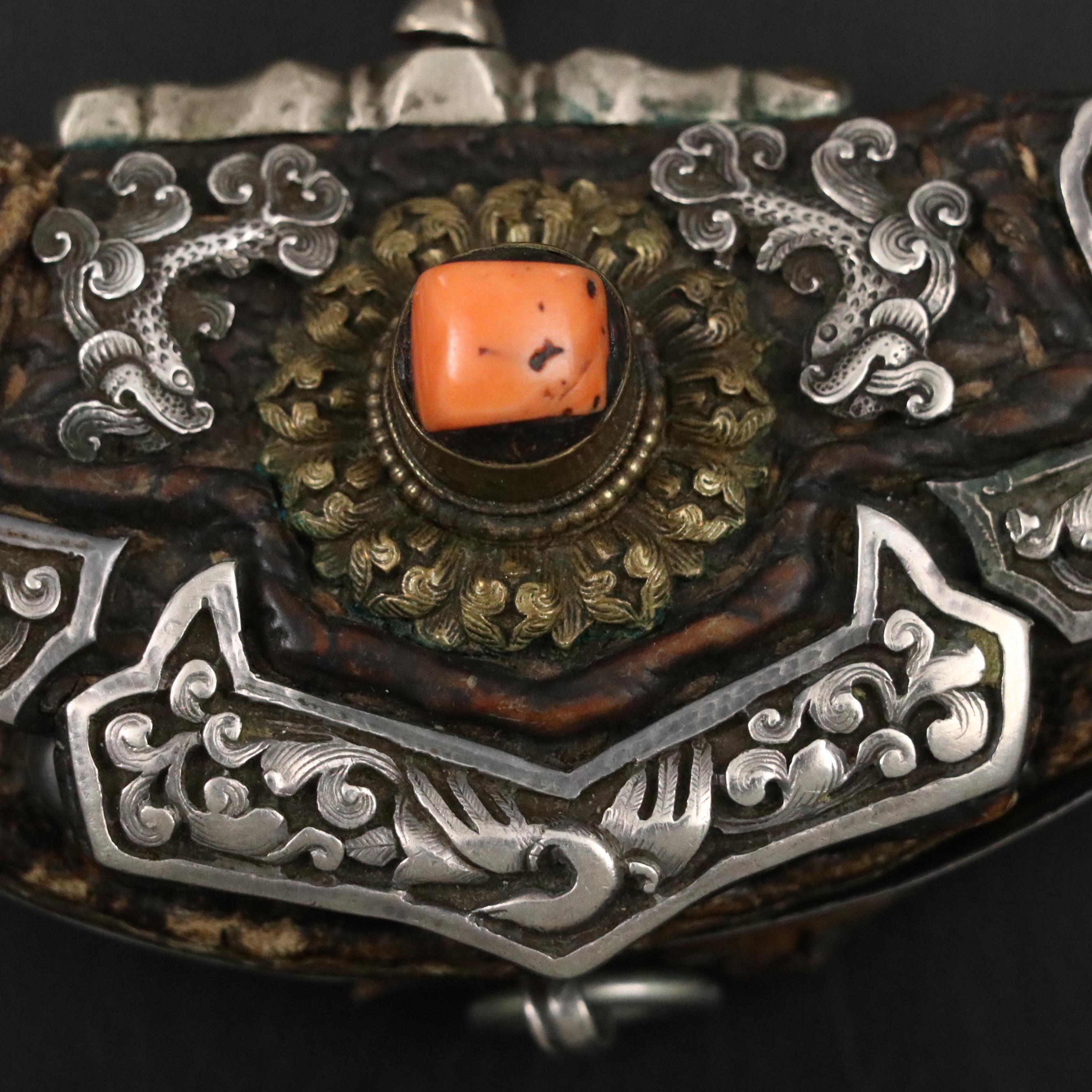 Antique Tibetan 800 Silver Coral Mechak Flint Pouch