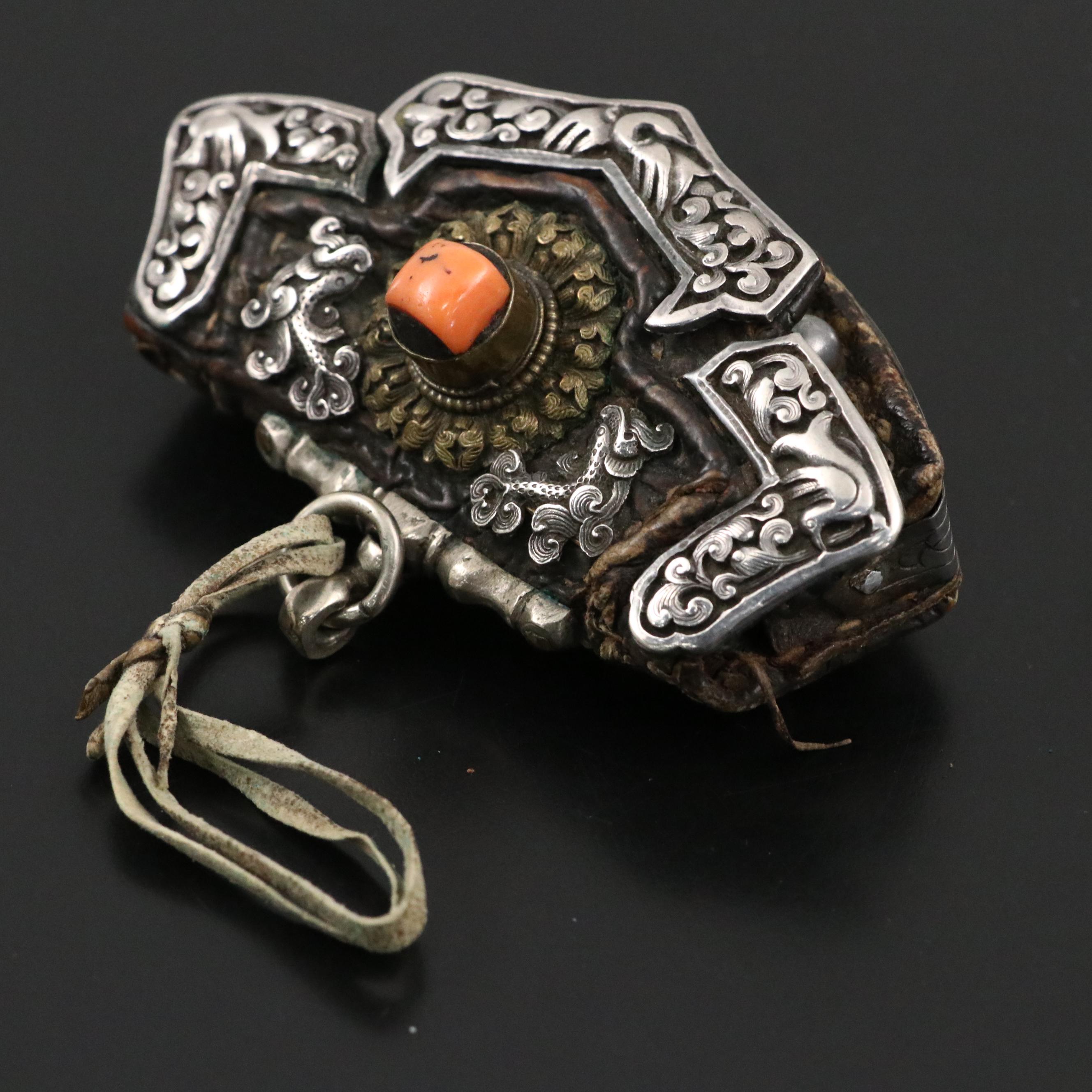 Antique Tibetan 800 Silver Coral Mechak Flint Pouch