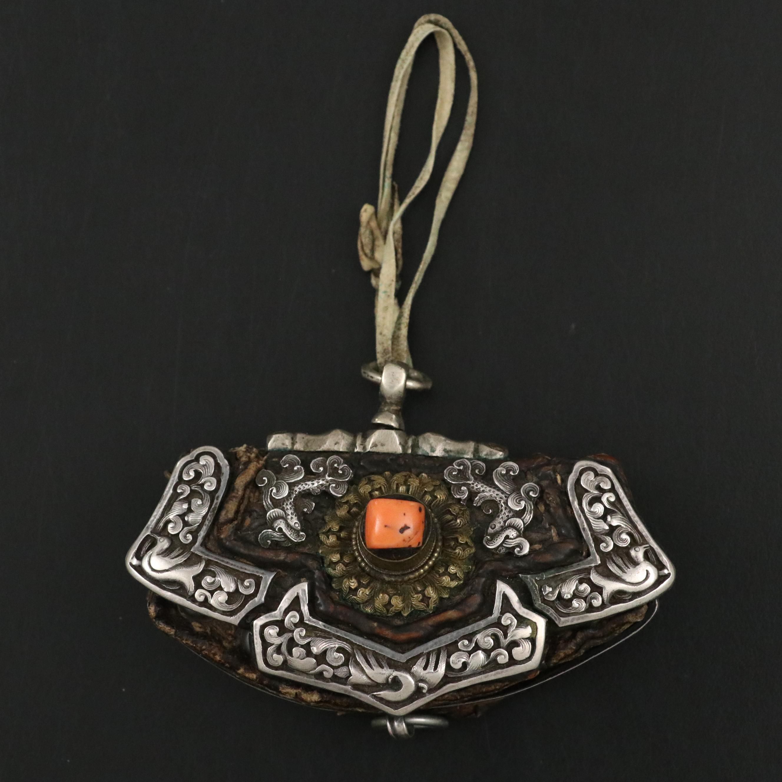 Antique Tibetan 800 Silver Coral Mechak Flint Pouch