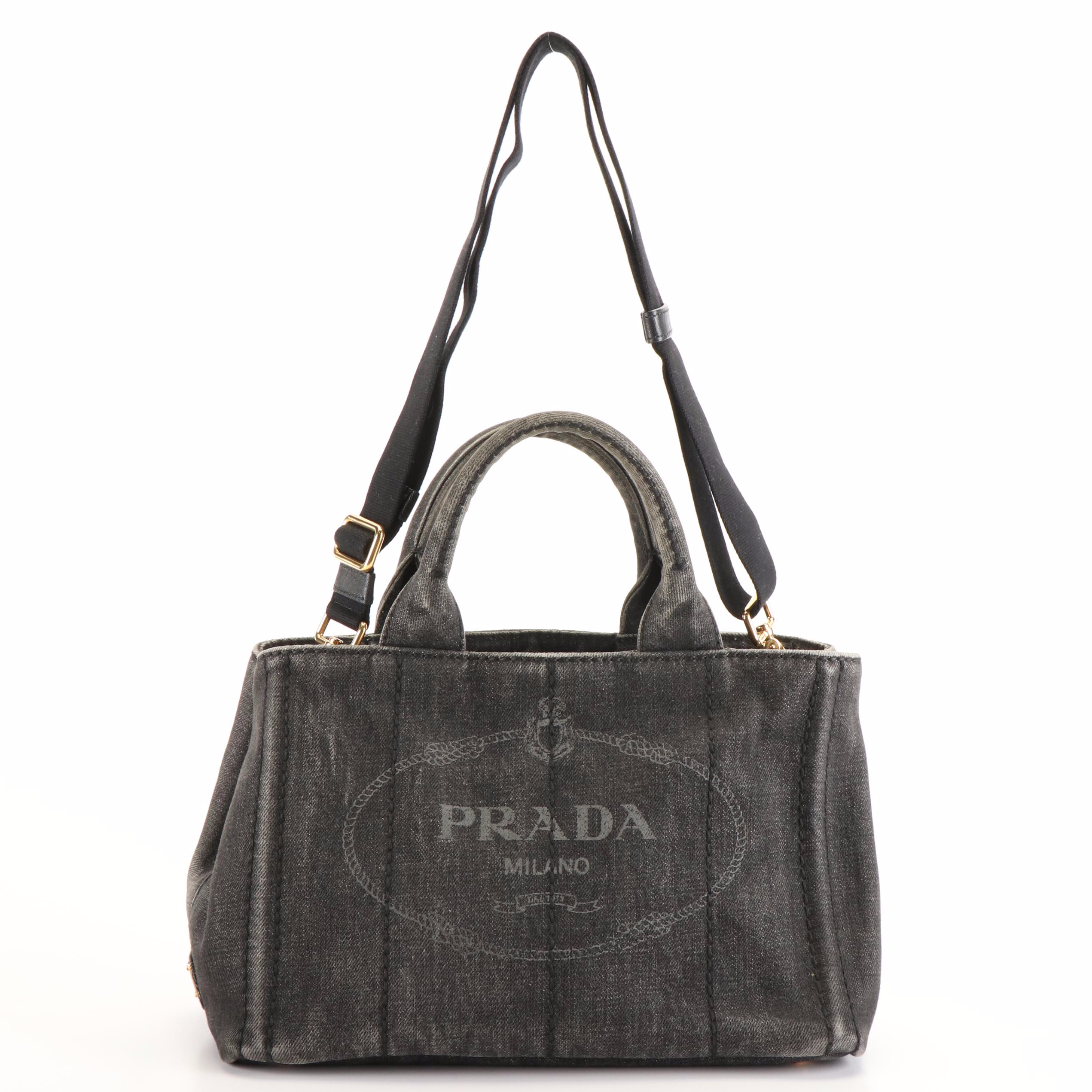 Prada Canapa Logo Tote Bag in Blue Denim