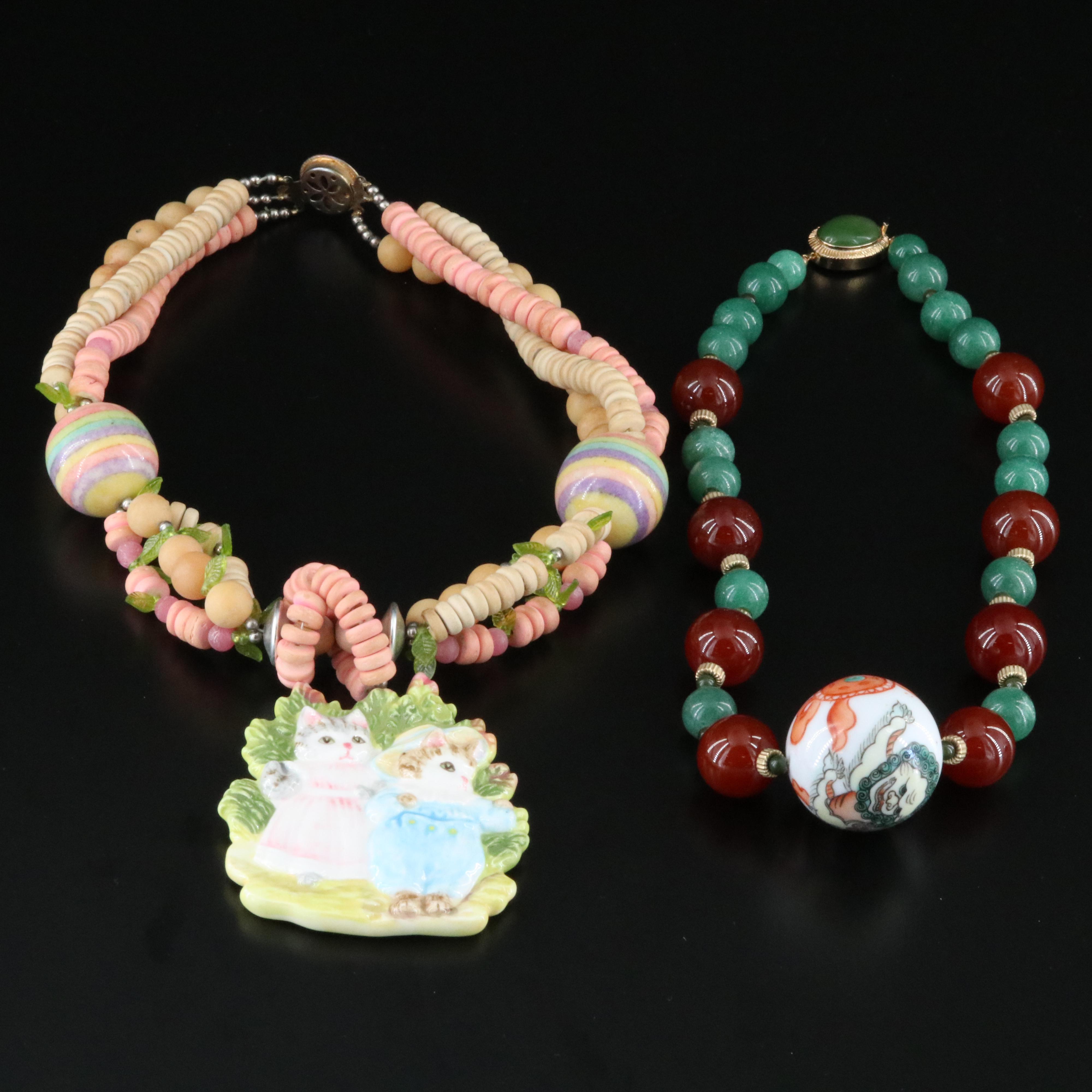 Ceramic Pendant Necklaces Including Aventurine and Carnelian