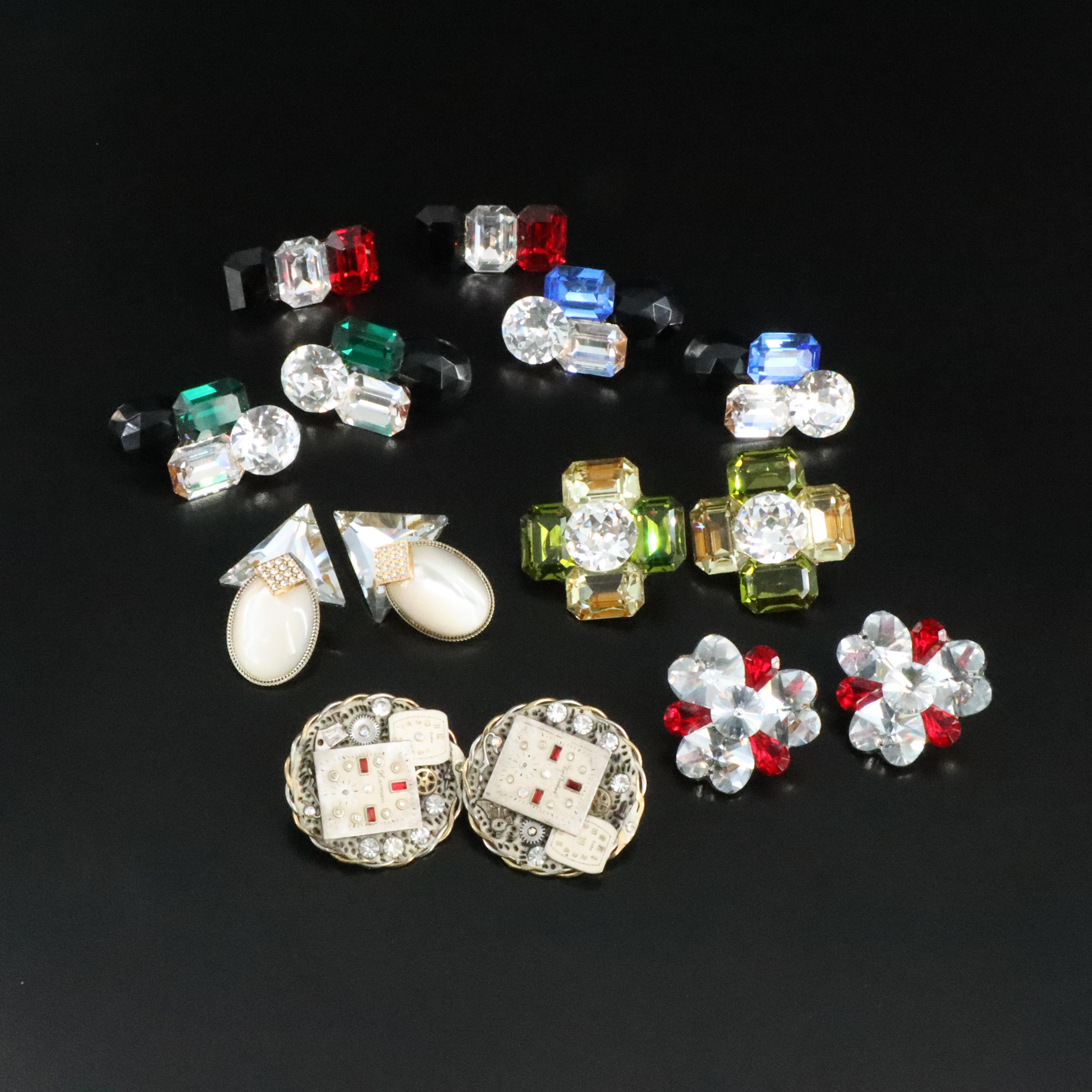 Glass Crystal, Mother-of-Pearl and Rhinestone Clip Earrings