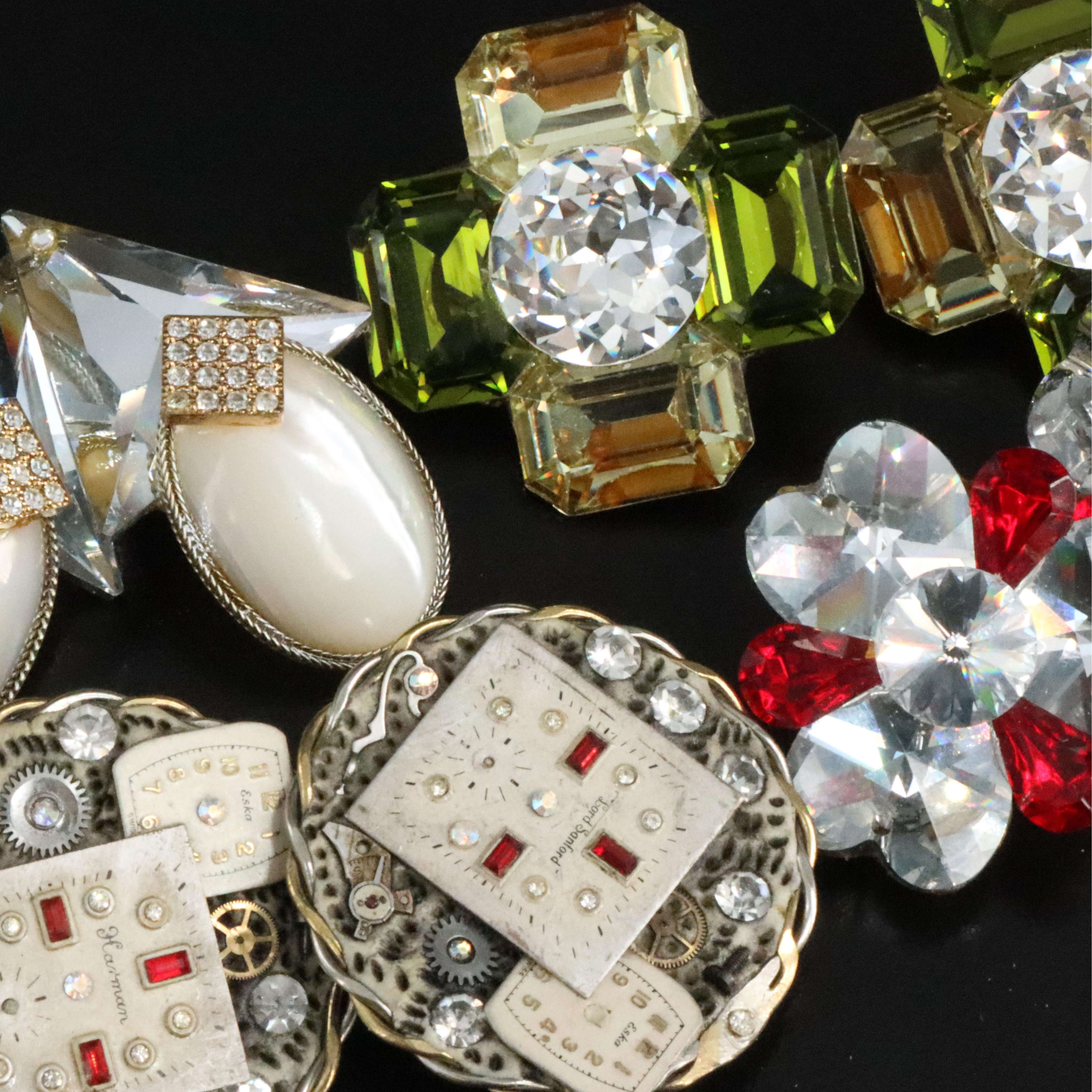 Glass Crystal, Mother-of-Pearl and Rhinestone Clip Earrings