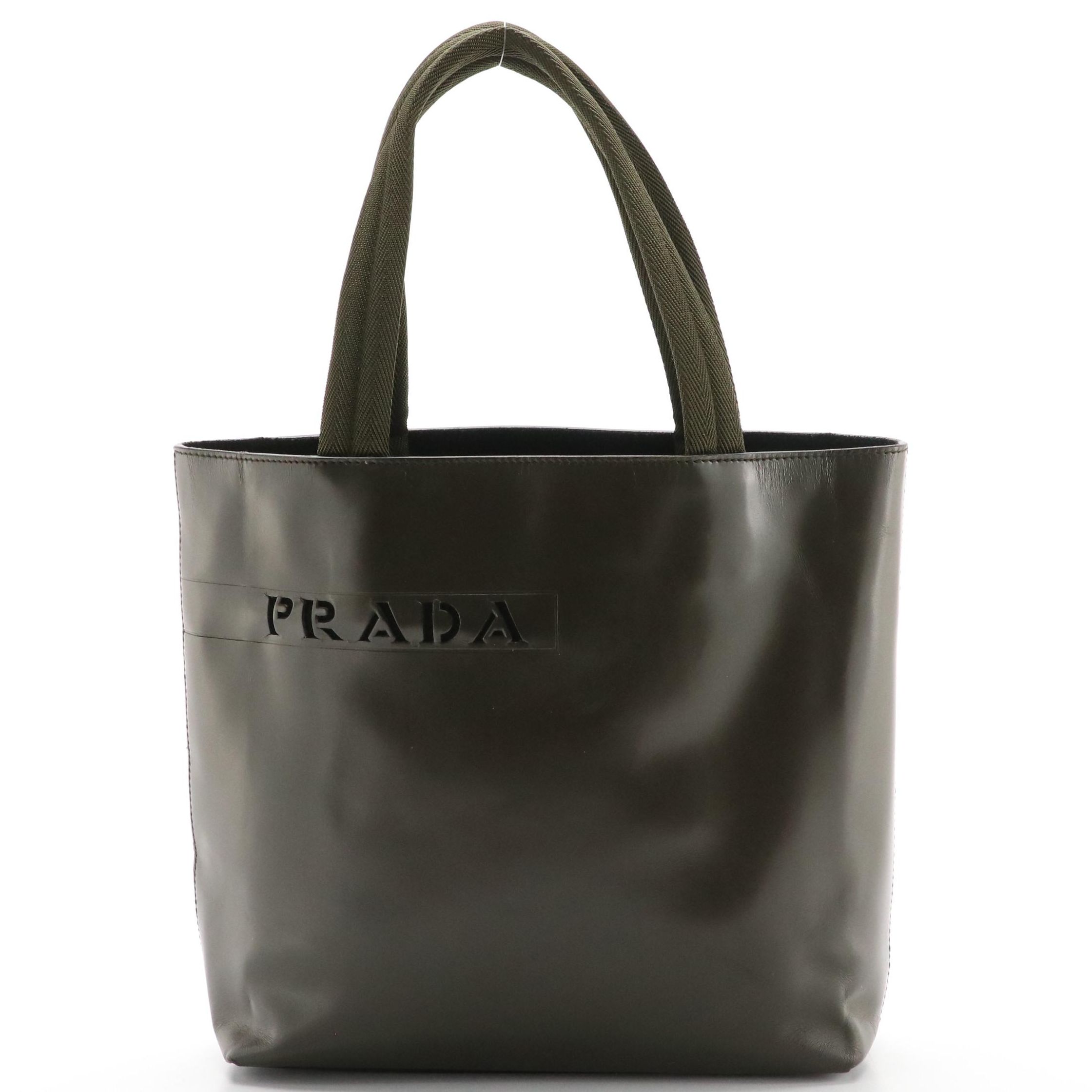 Prada Small Tote in Dark Green Leather with "Prada" Cut-Out