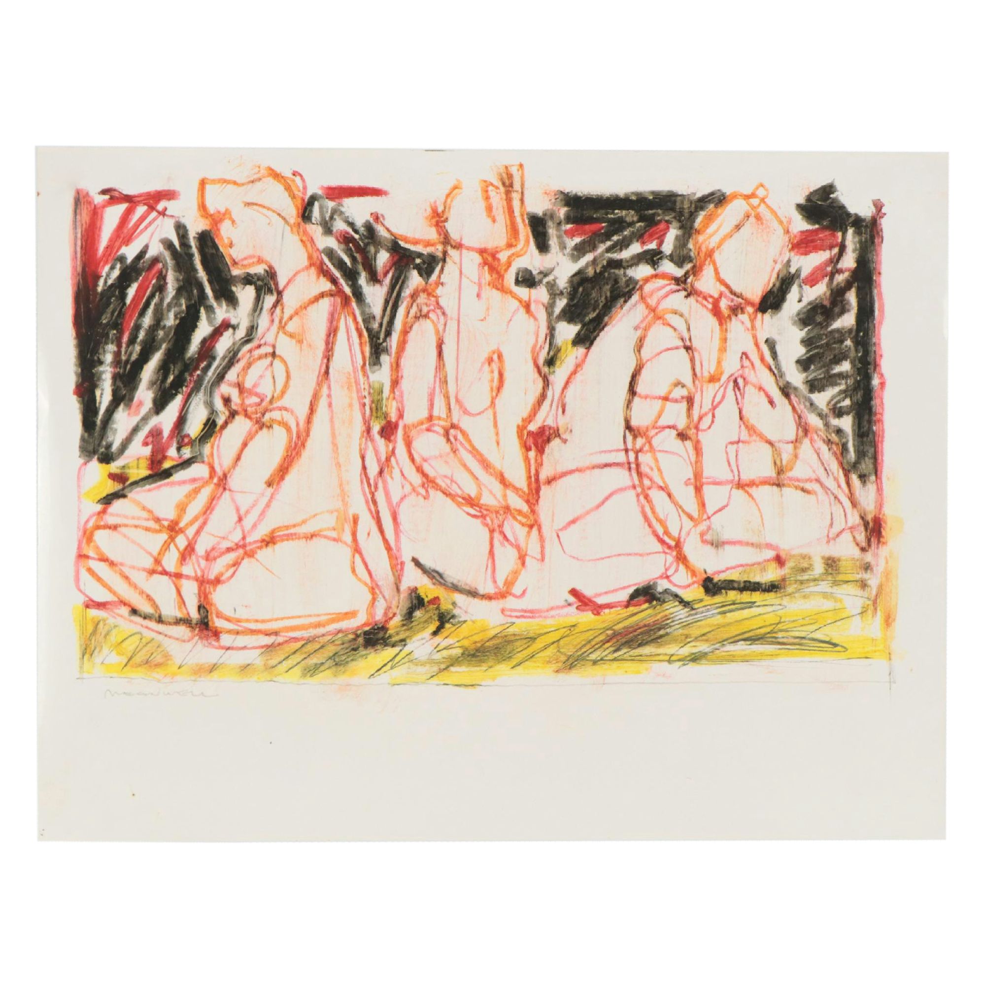 Jack Meanwell Figural Modern Oil Pastel Drawing, Late 20th Century