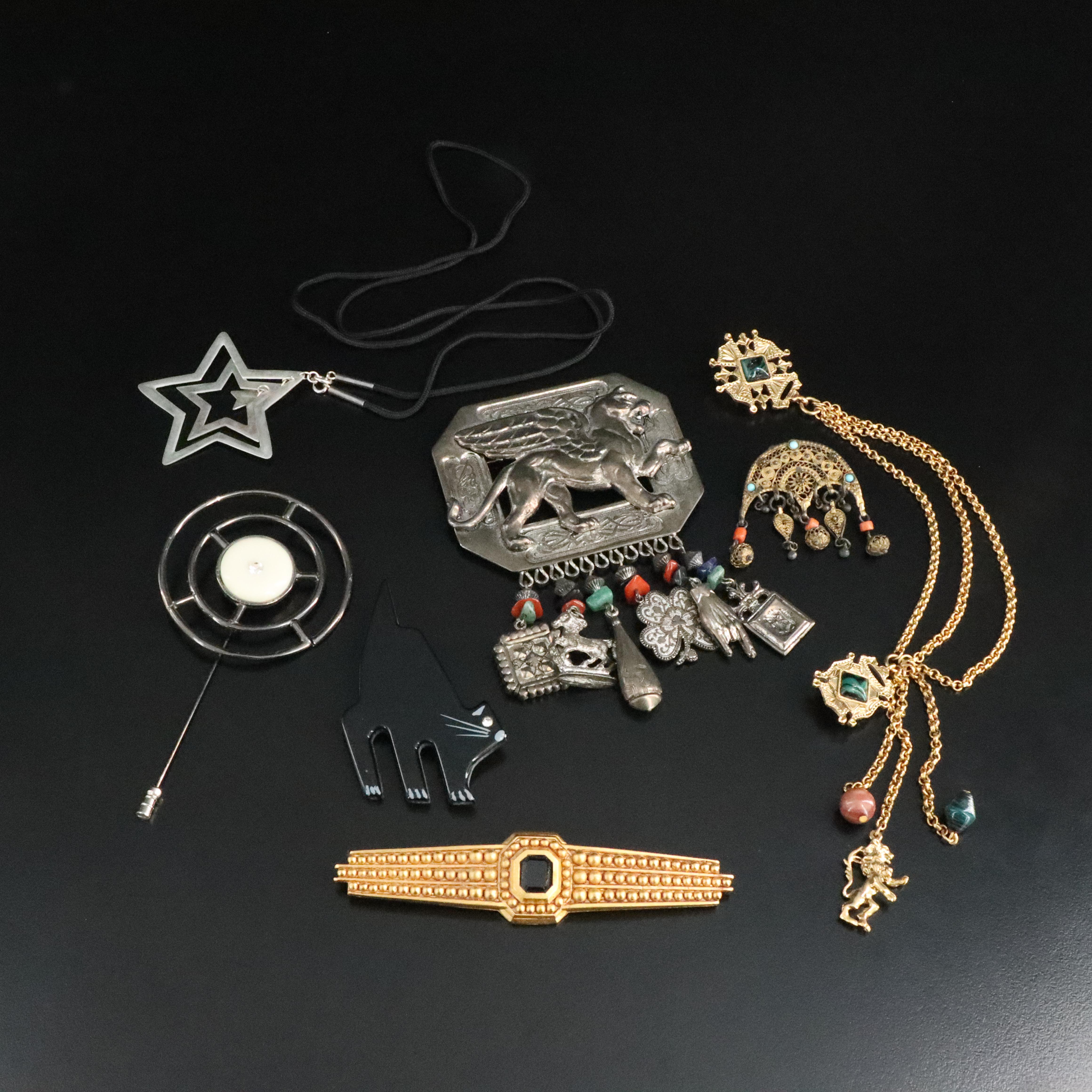 Vintage Brooch and Pin Collection Featuring Aventurine and Star Necklace