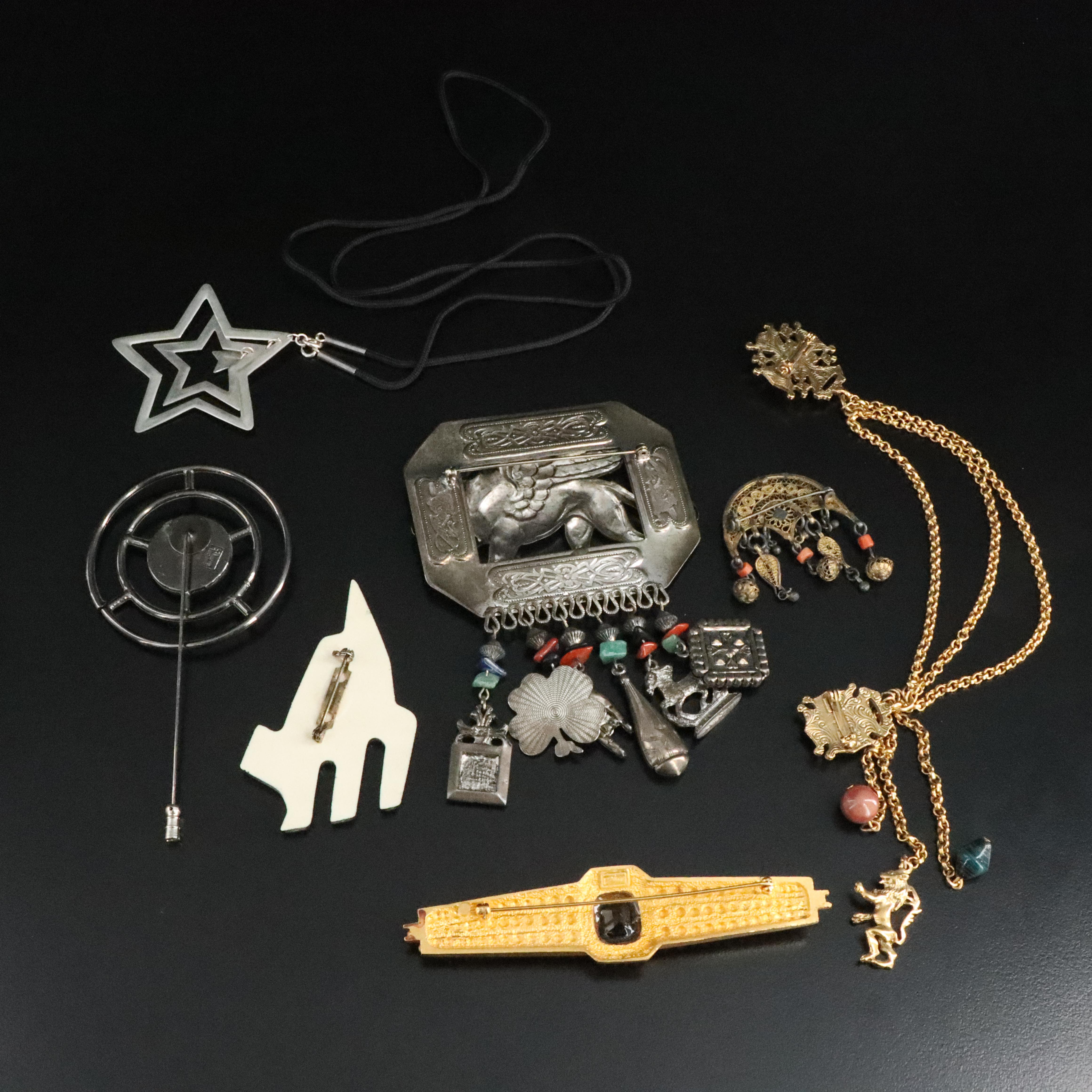 Vintage Brooch and Pin Collection Featuring Aventurine and Star Necklace